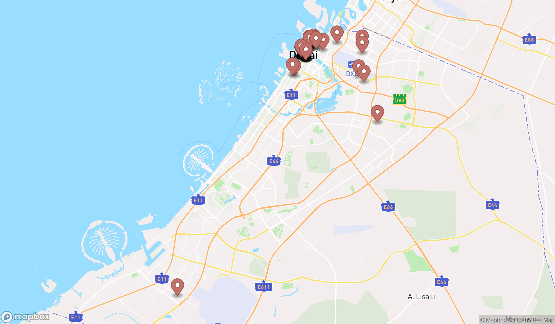 Map showing the search results in Dubai