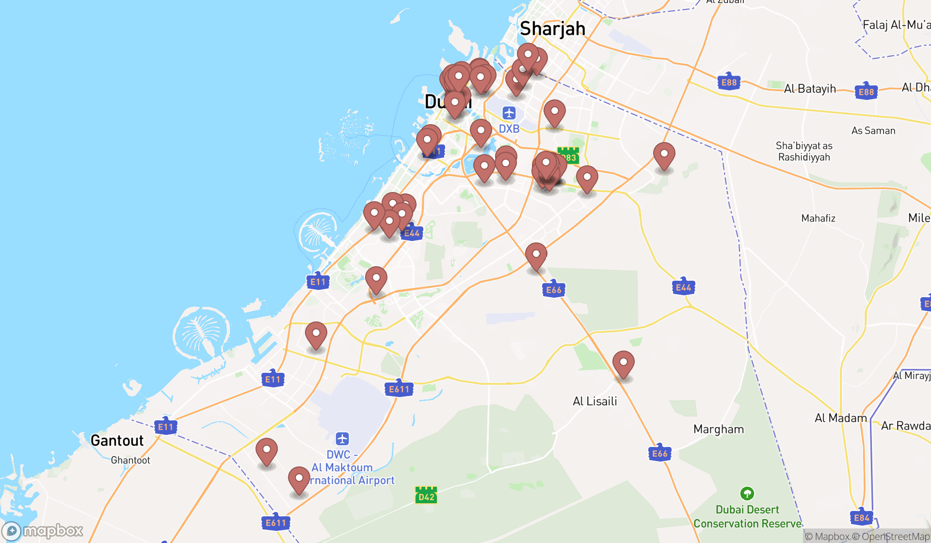 Map showing the search results in Dubai