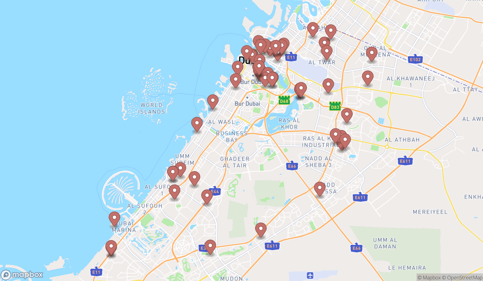 Map showing the search results in Dubai