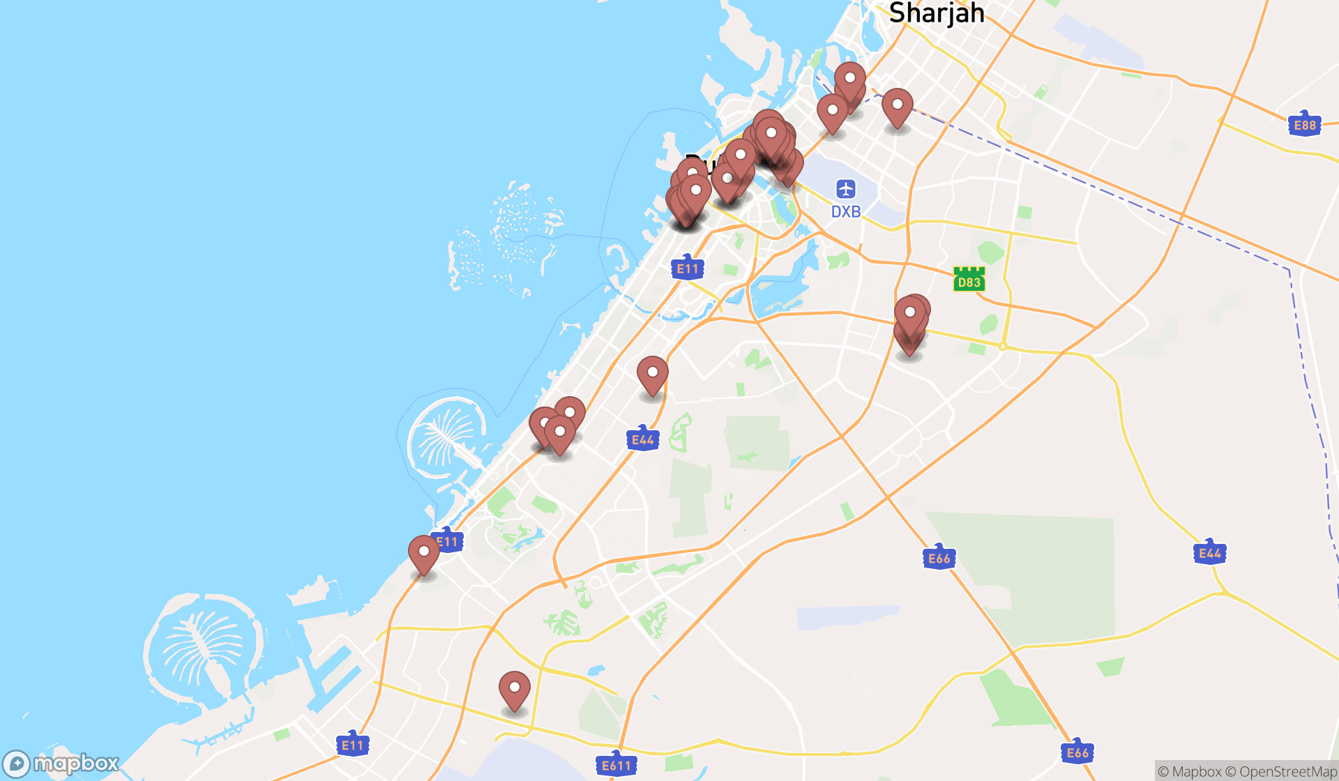 Map showing the search results in Dubai