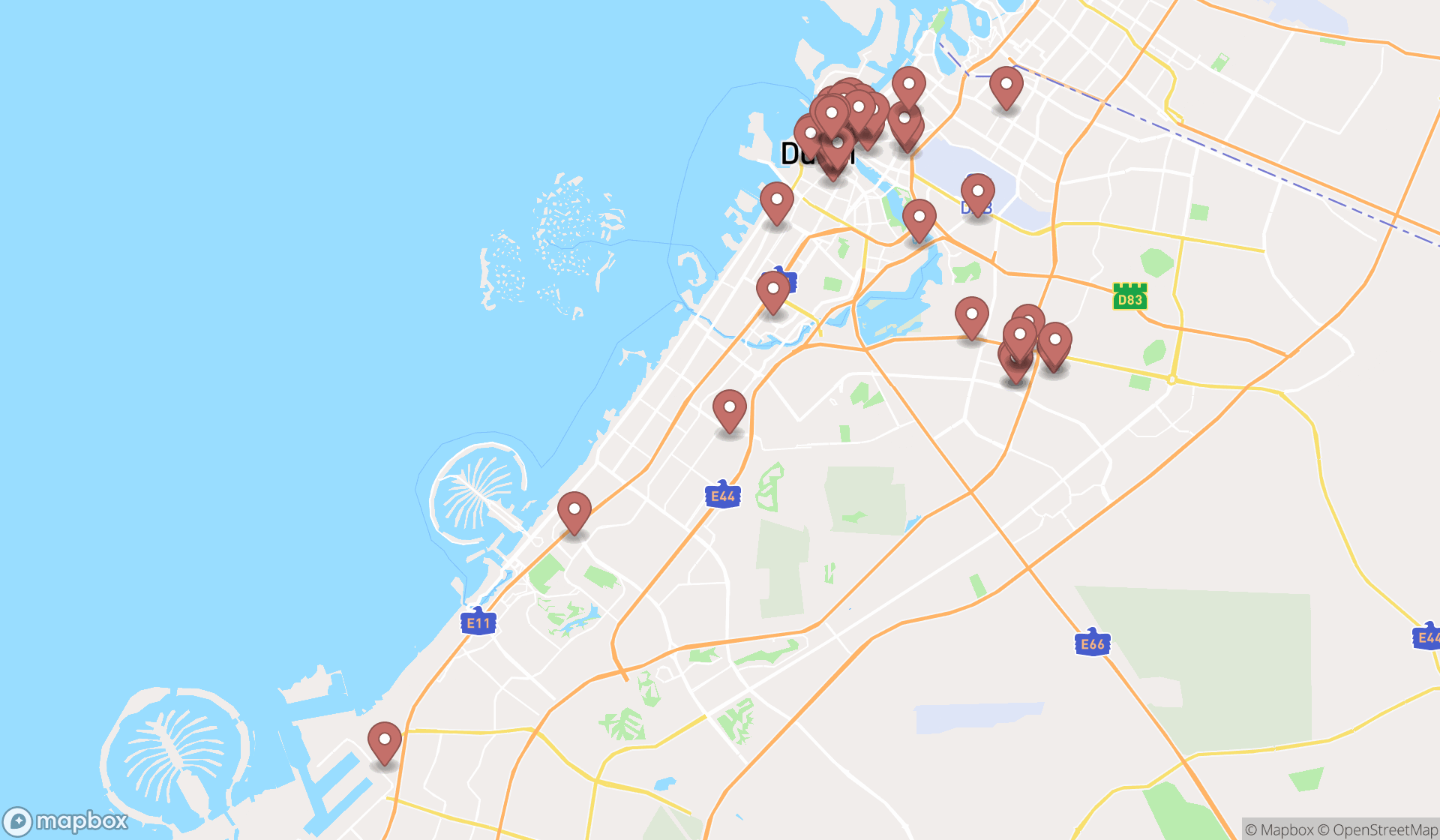 Map showing the search results in Dubai