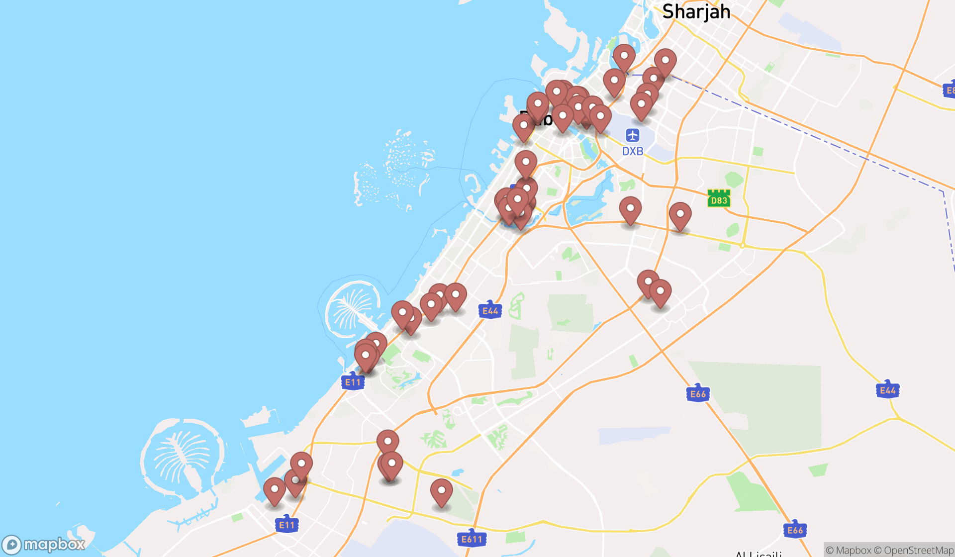 Map showing the search results in Dubai