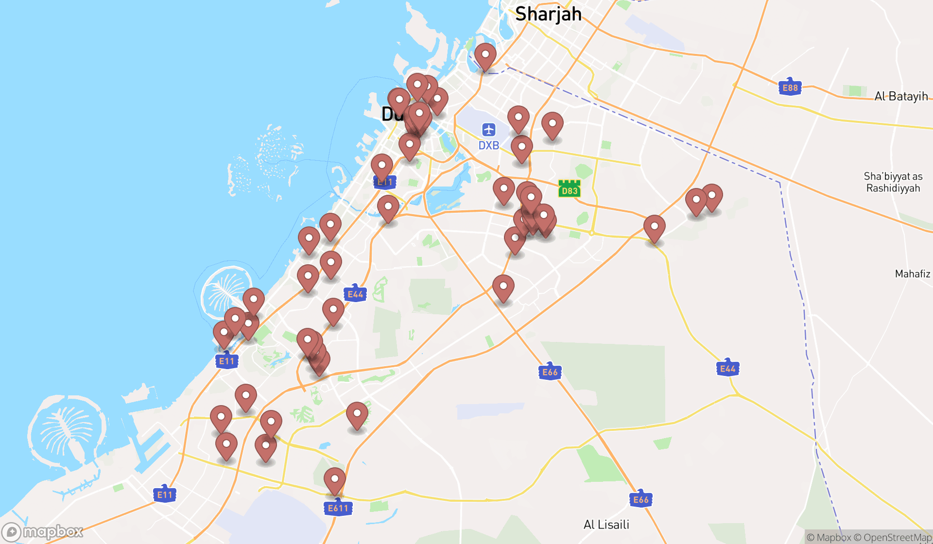 Map showing the search results in Dubai