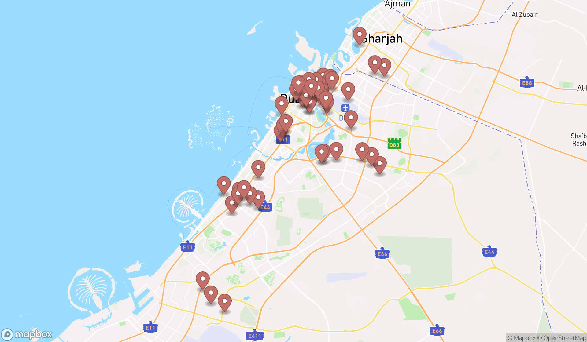 Map showing the search results in Dubai