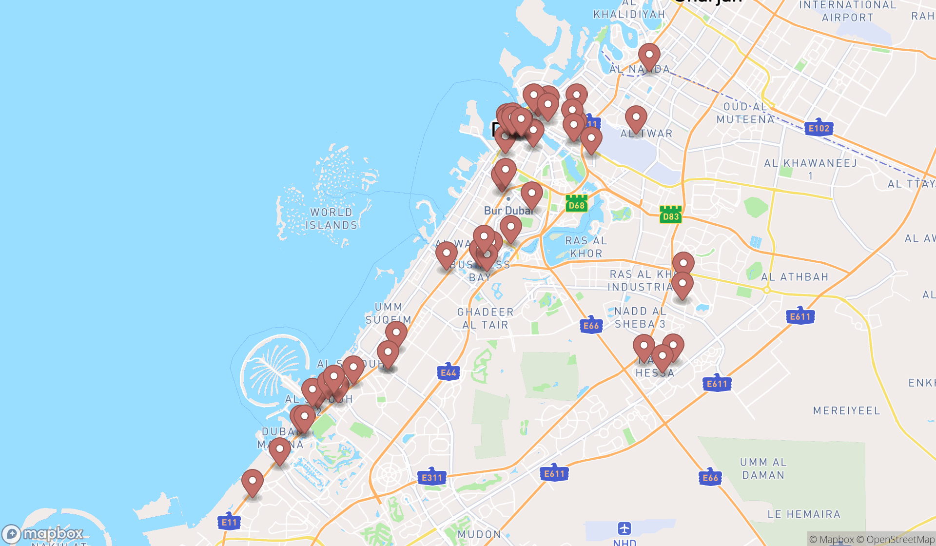 Map showing the search results in Dubai