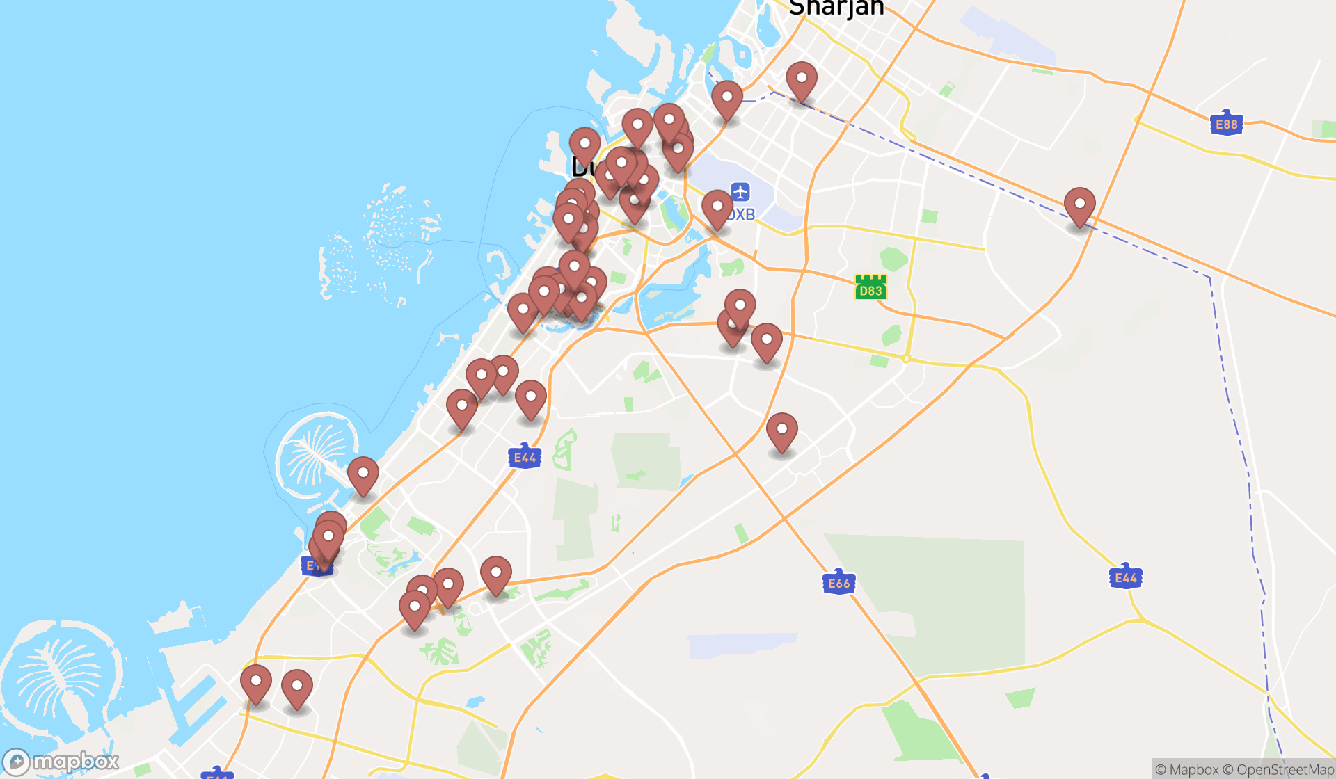 Map showing the search results in Dubai
