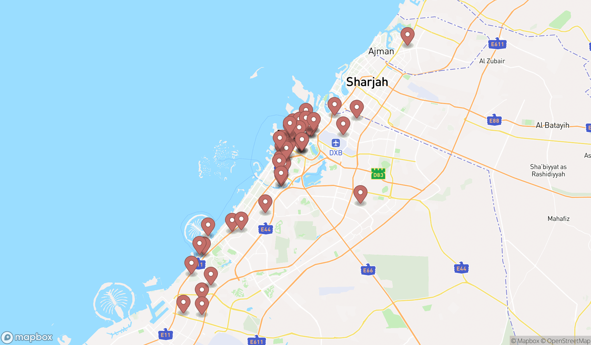 Map showing the search results in Dubai
