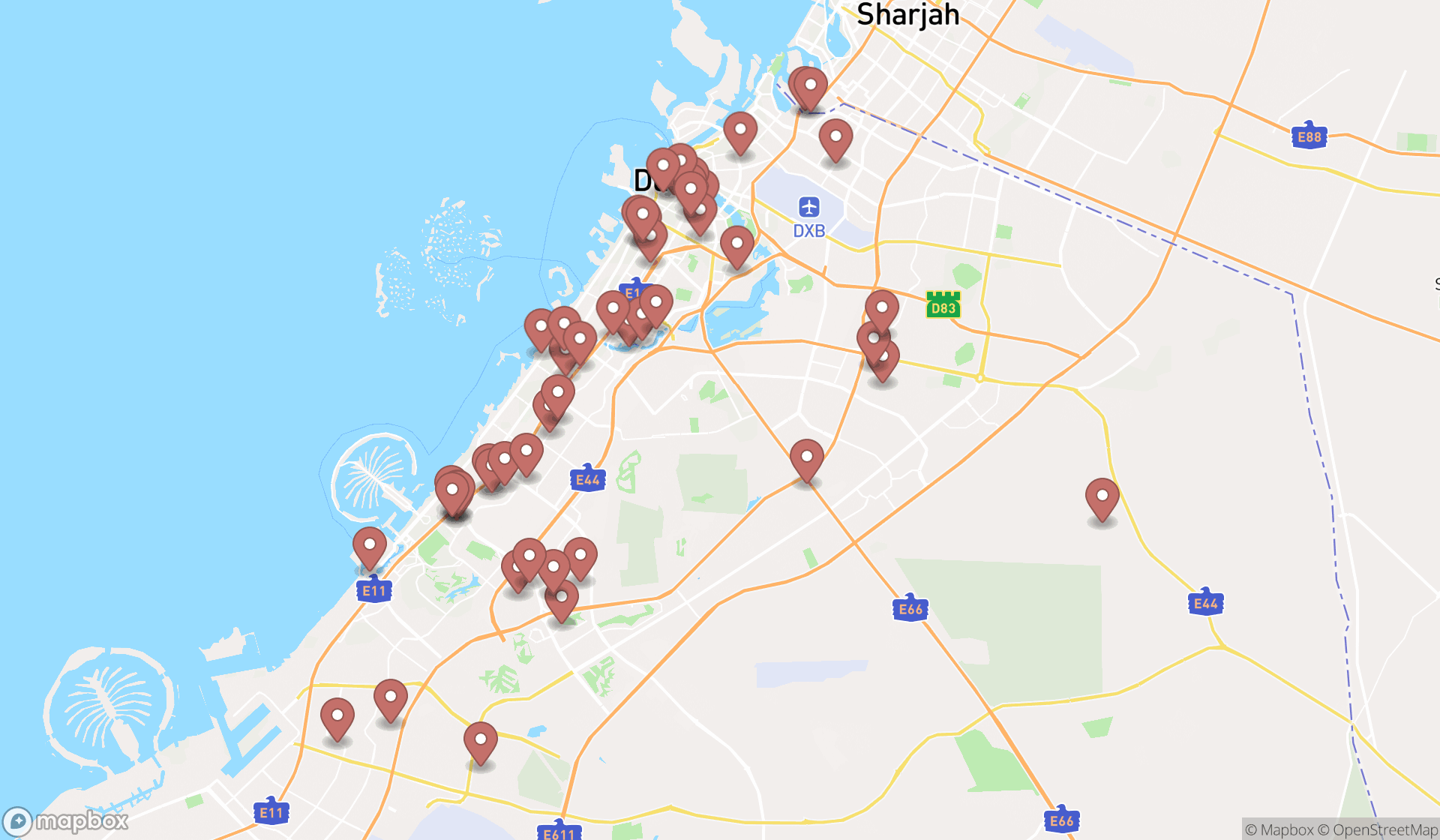 Map showing the search results in Dubai