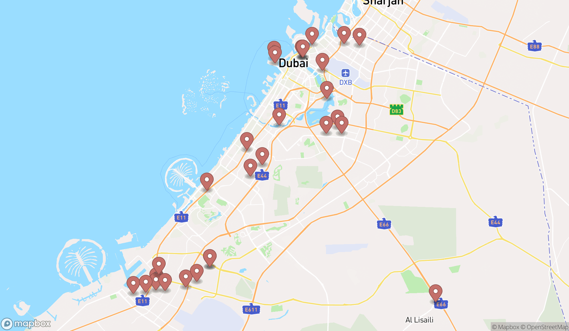 Map showing the search results in Dubai