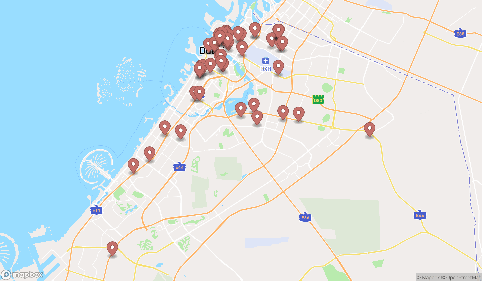 Map showing the search results in Dubai