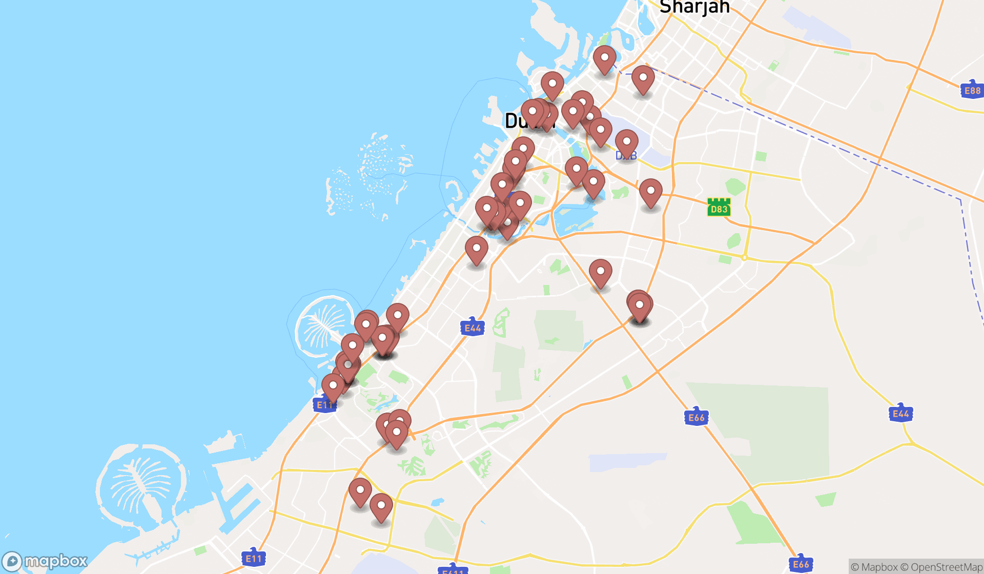 Map showing the search results in Dubai