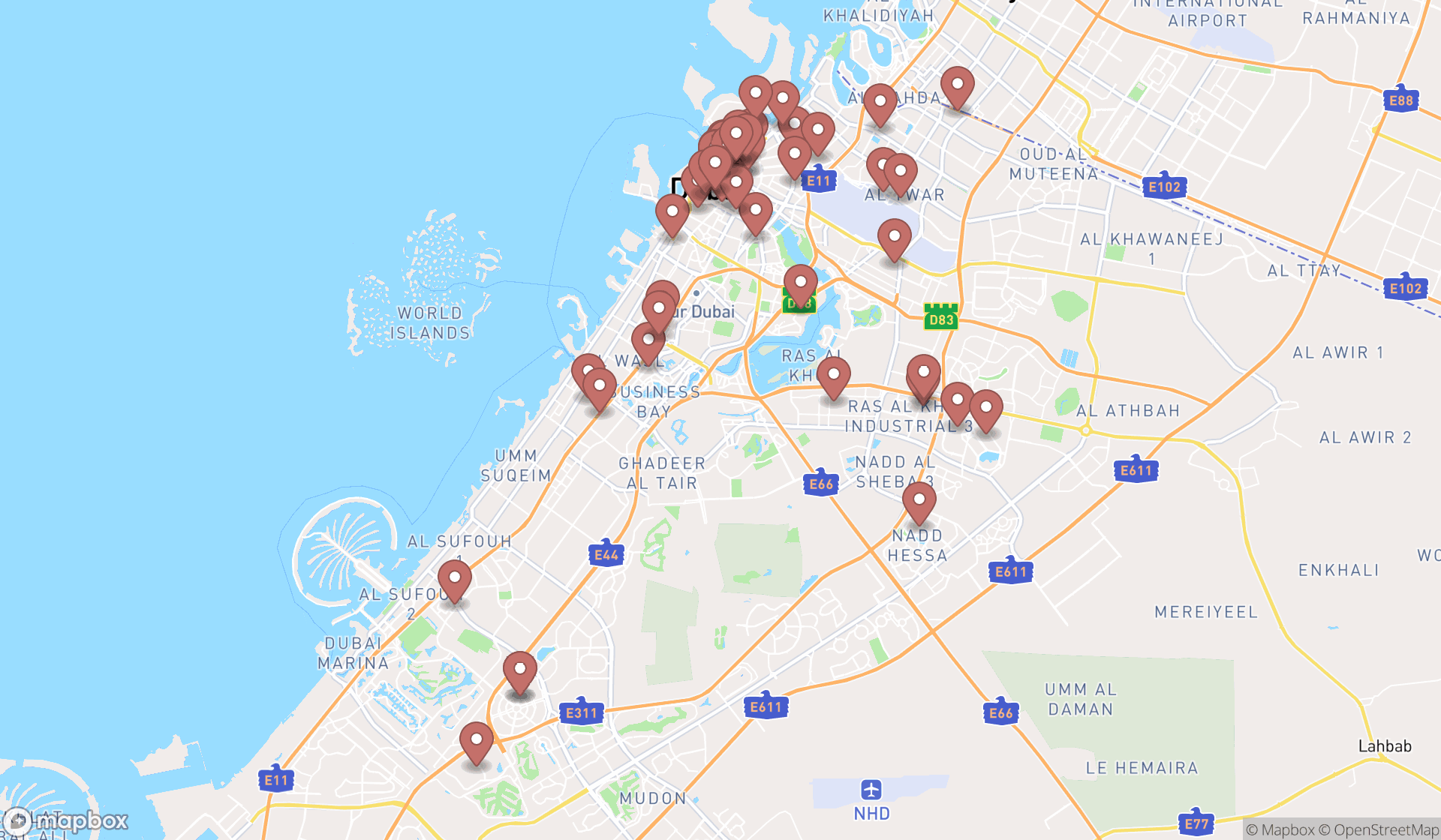 Map showing the search results in Dubai