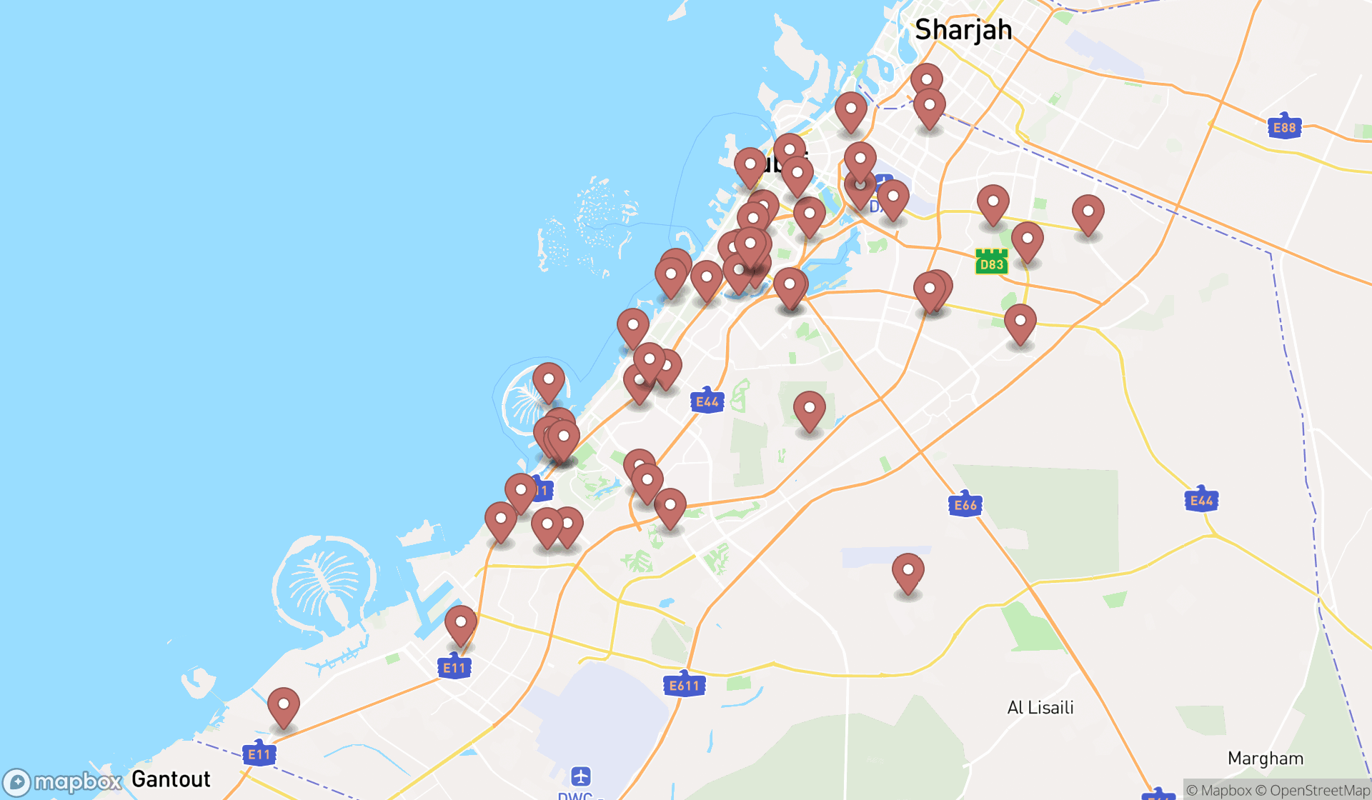 Map showing the search results in Dubai
