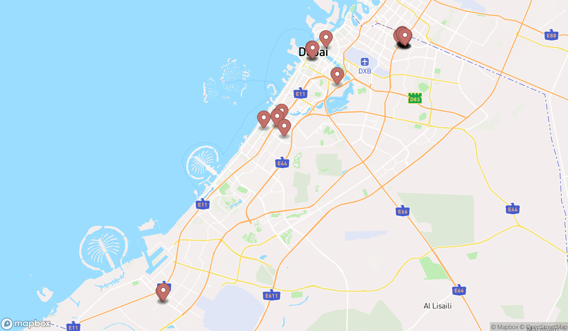 Map showing the search results in Dubai