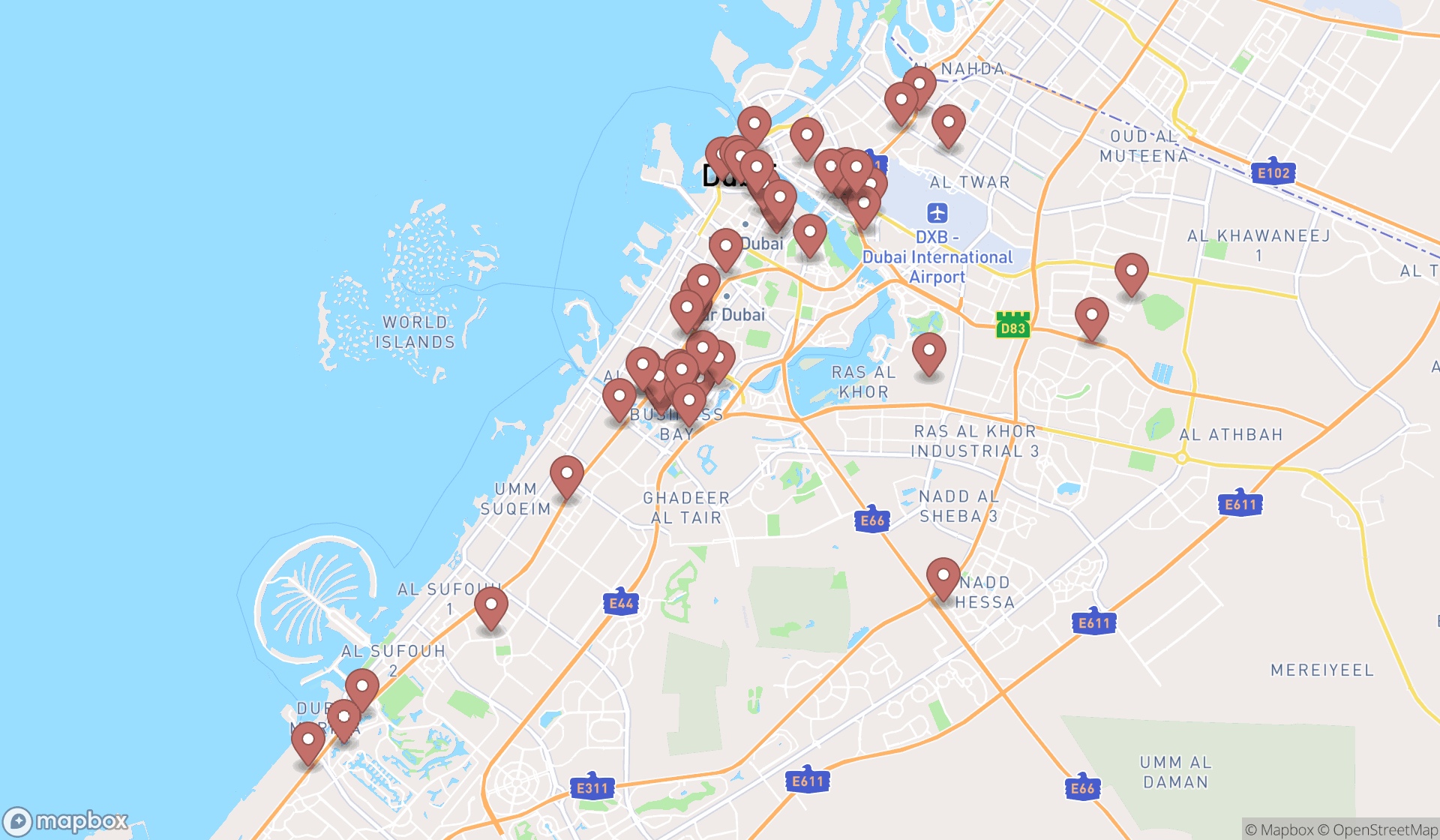 Map showing the search results in Dubai