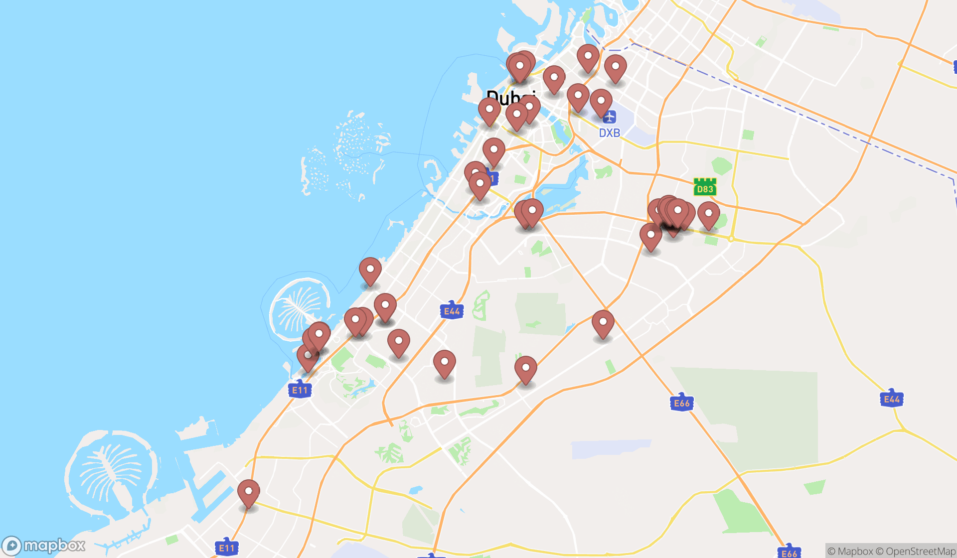 Map showing the search results in Dubai