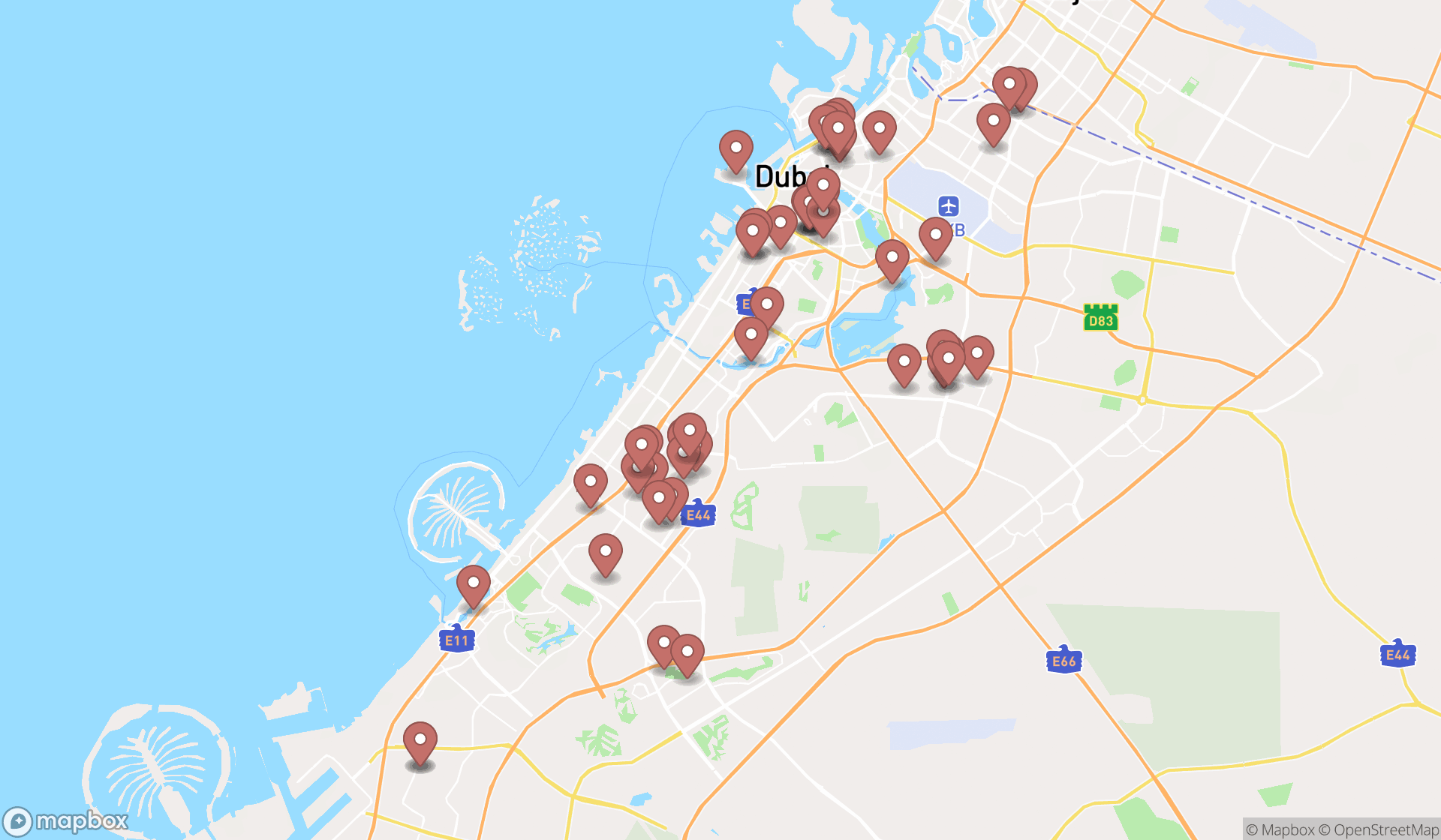 Map showing the search results in Dubai