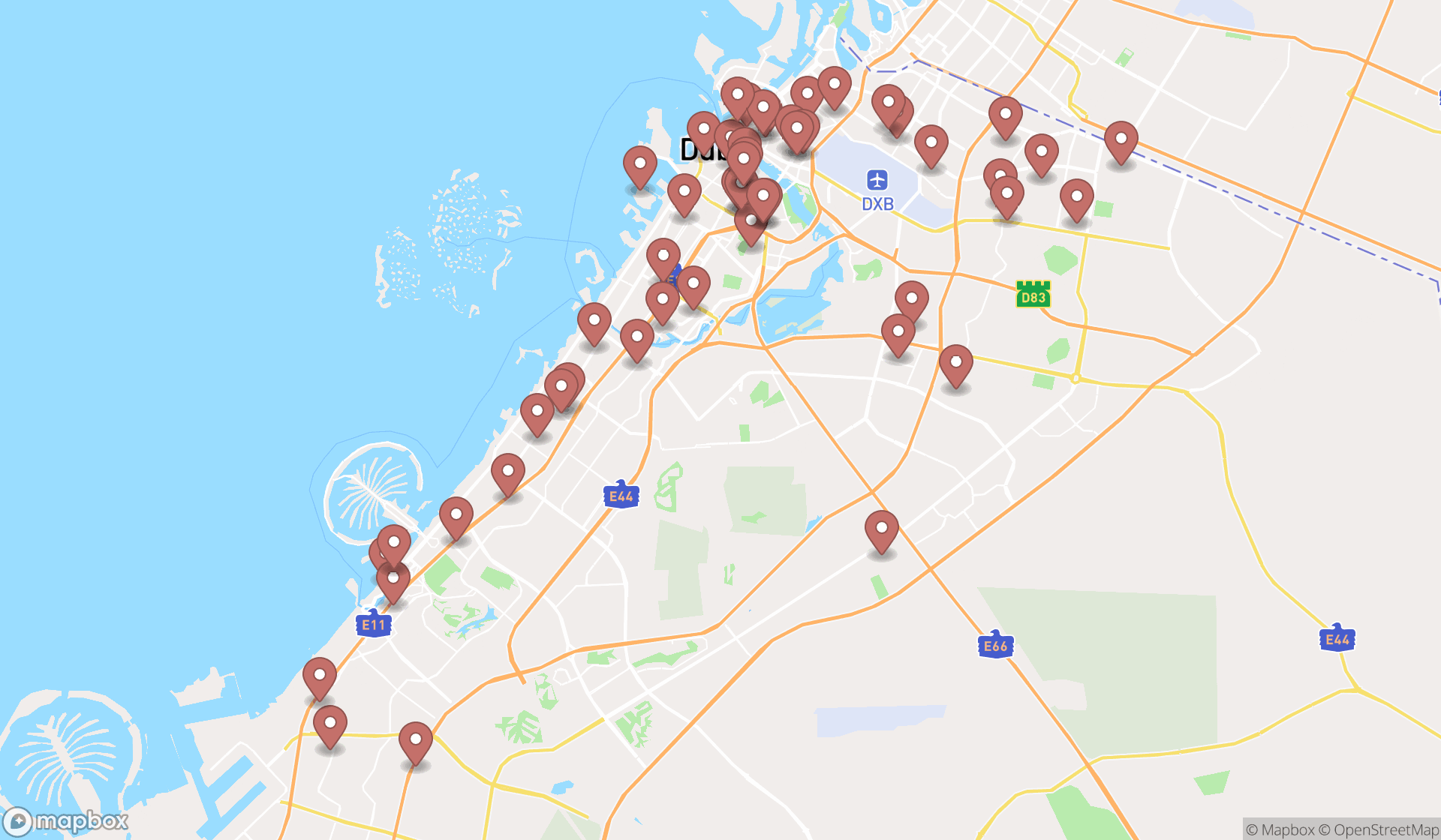 Map showing the search results in Dubai