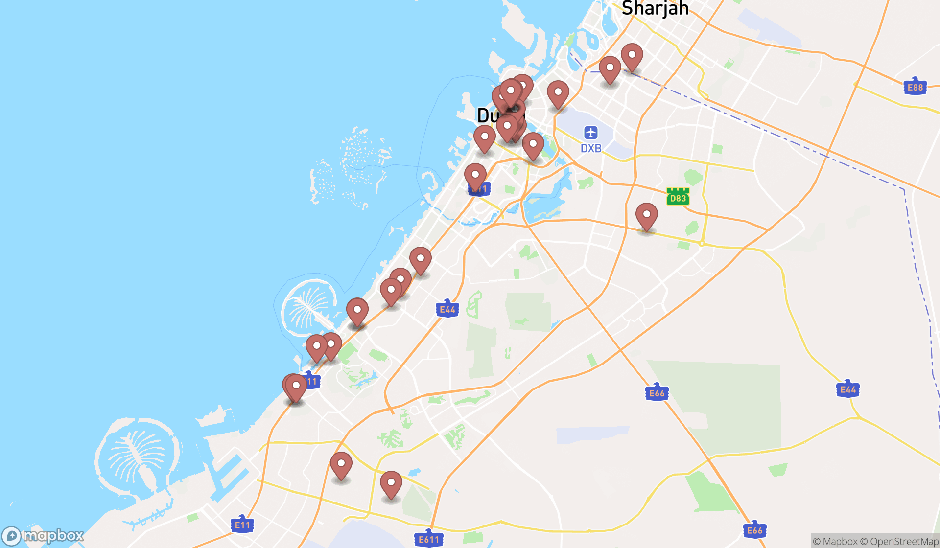 Map showing the search results in Dubai