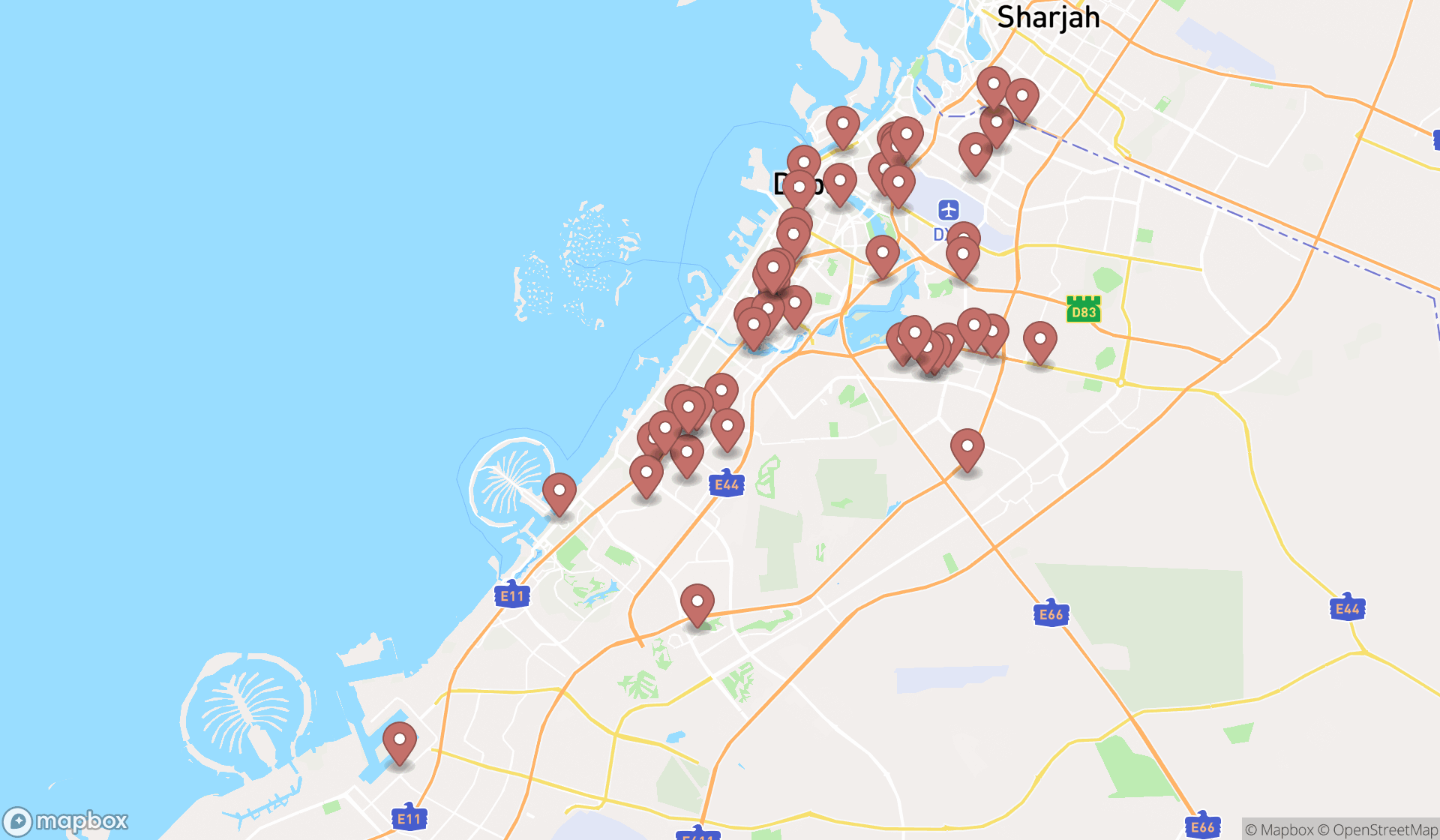 Map showing the search results in Dubai
