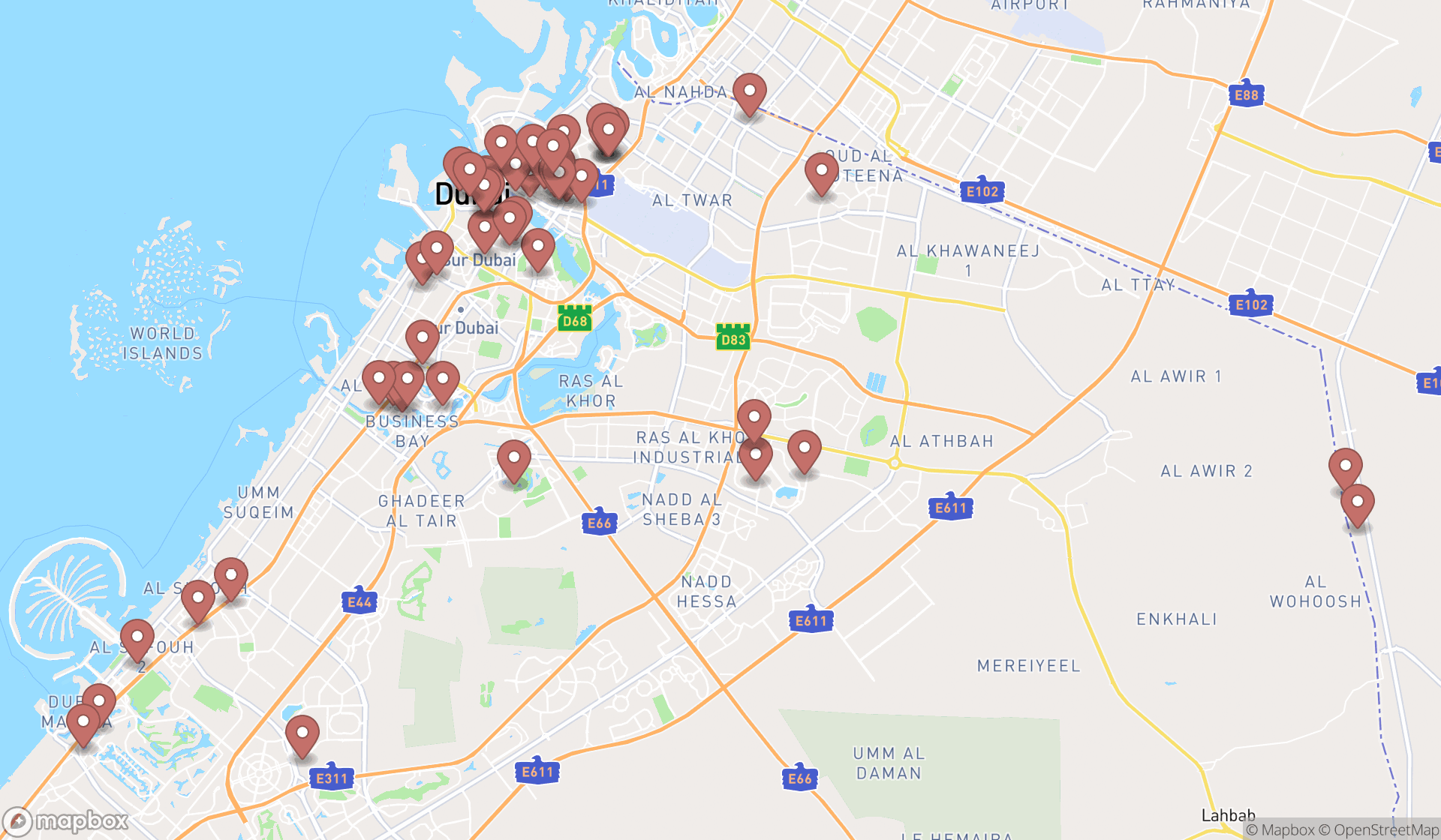 Map showing the search results in Dubai