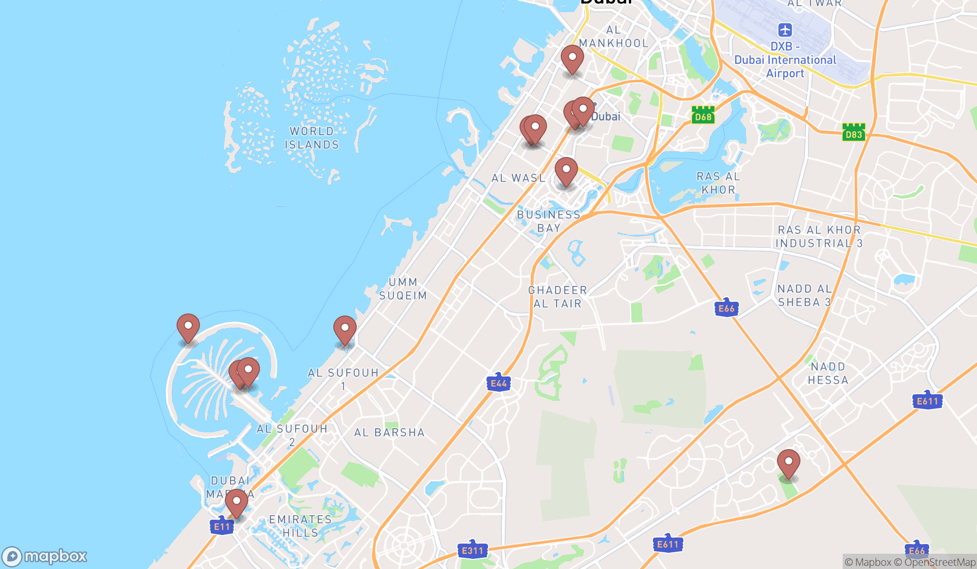 Map showing the search results in Dubai