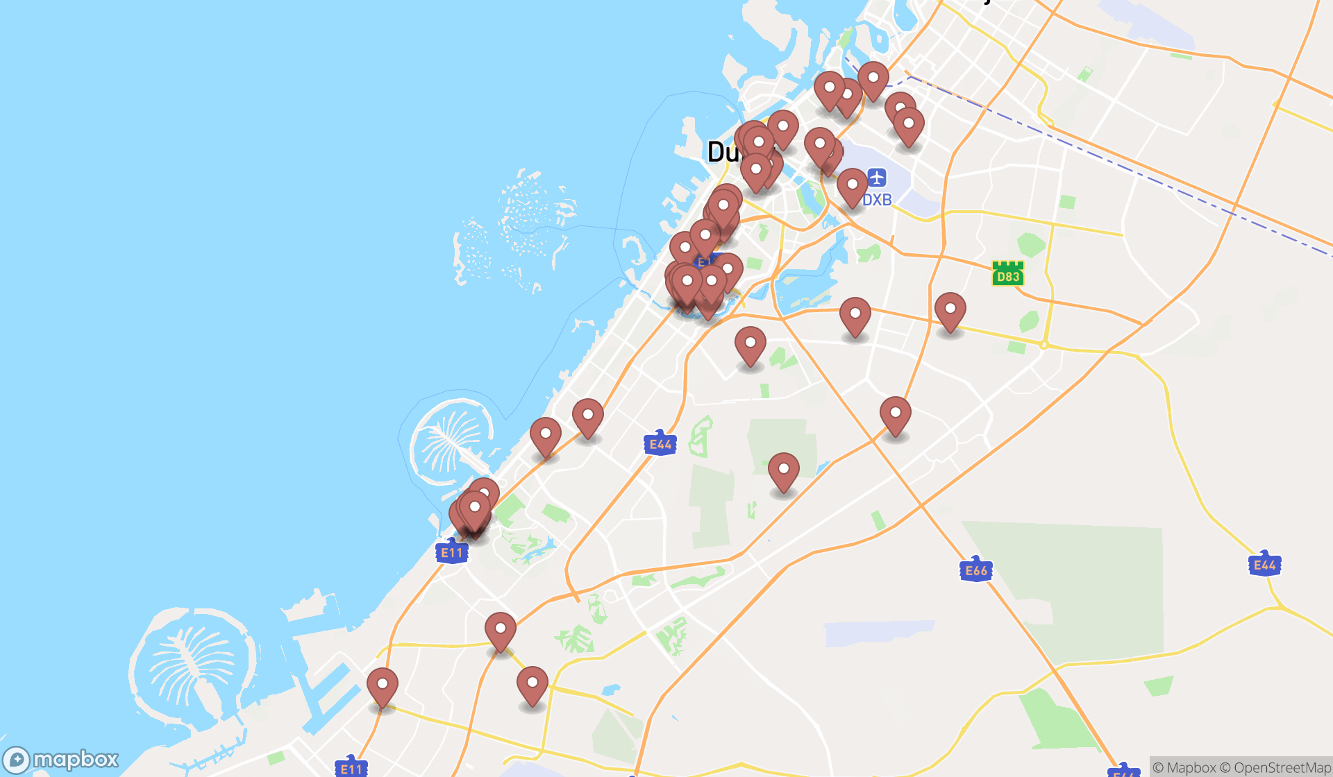 Map showing the search results in Dubai
