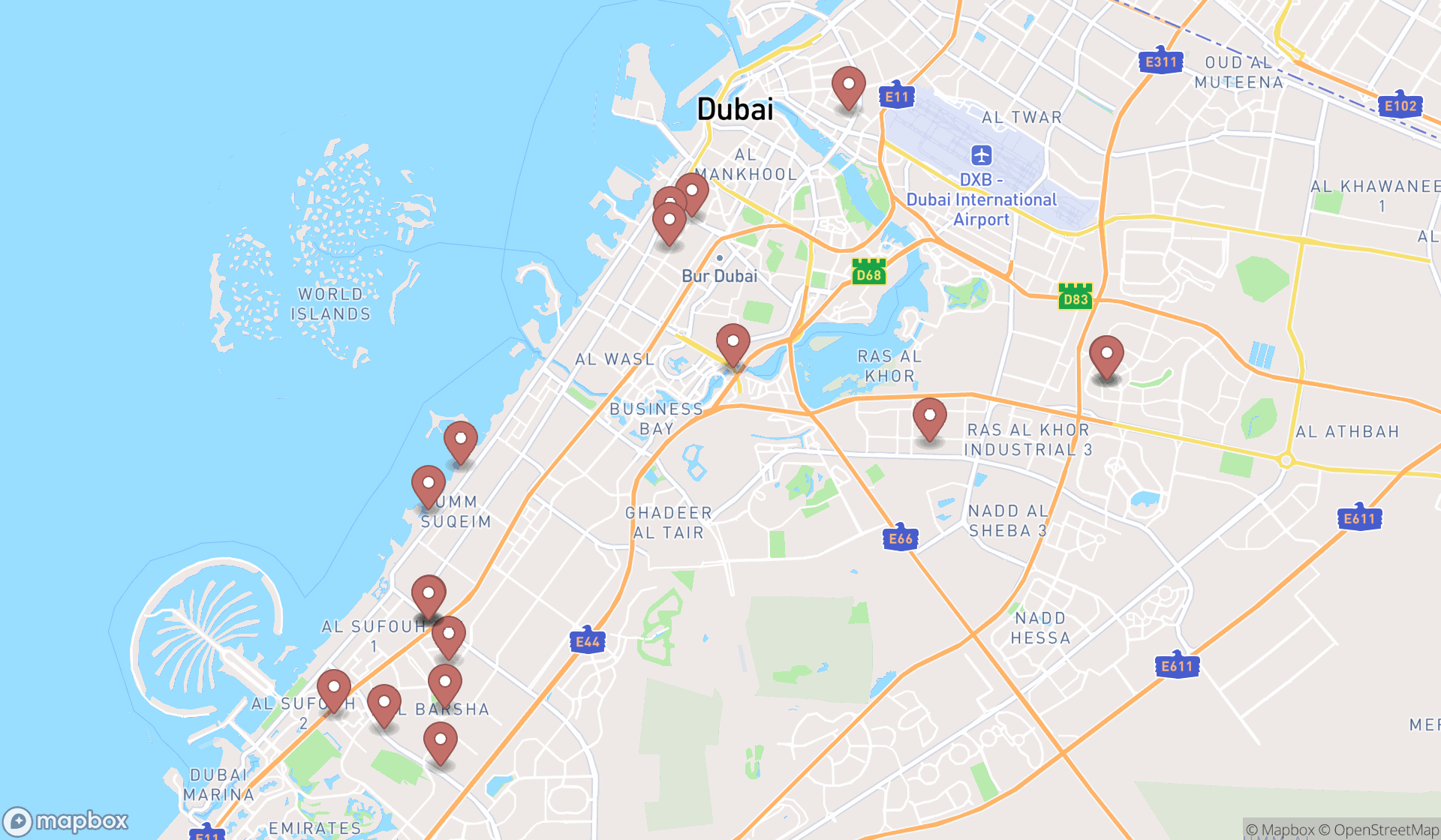 Map showing the search results in Dubai