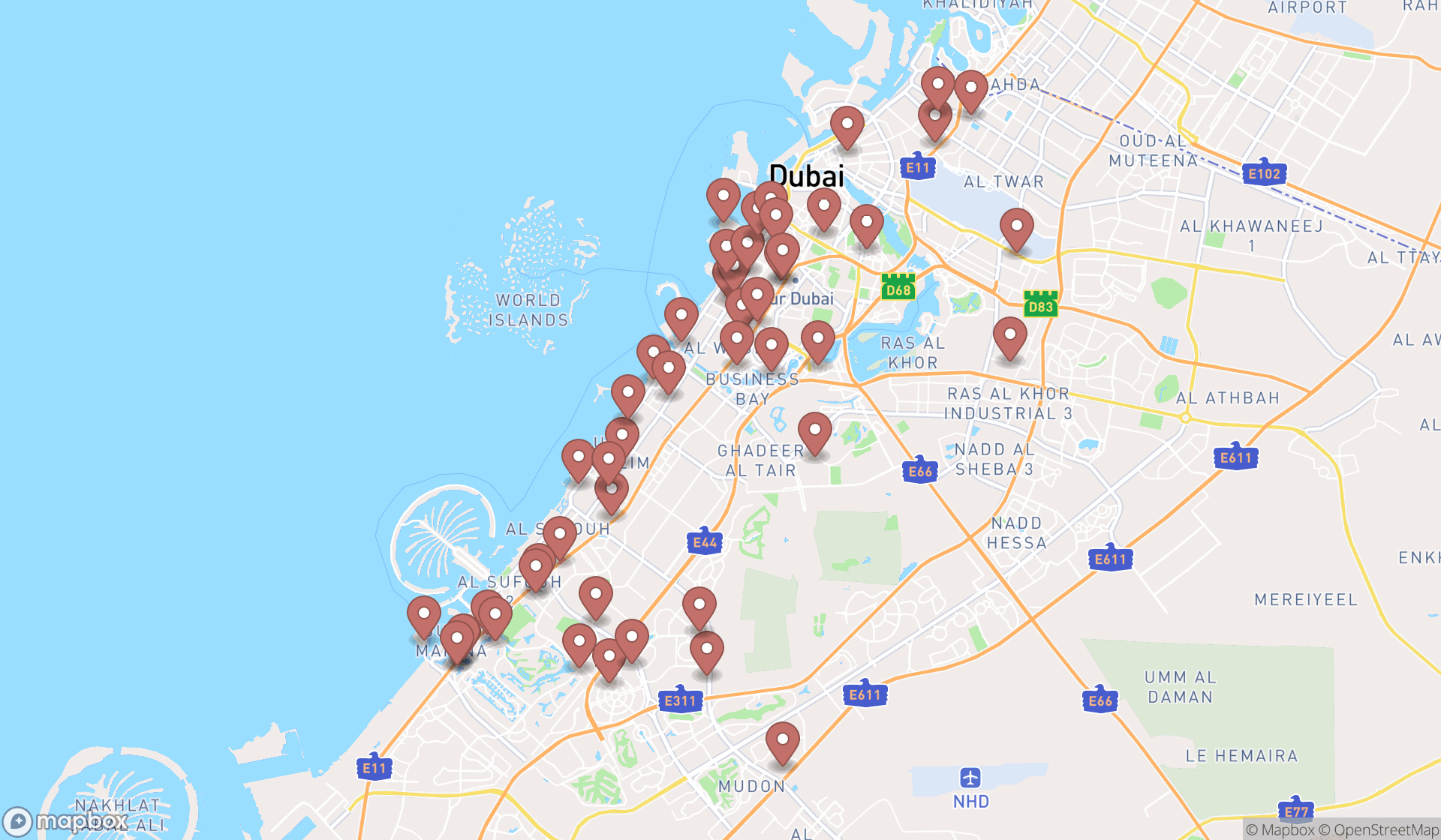 Map showing the search results in Dubai