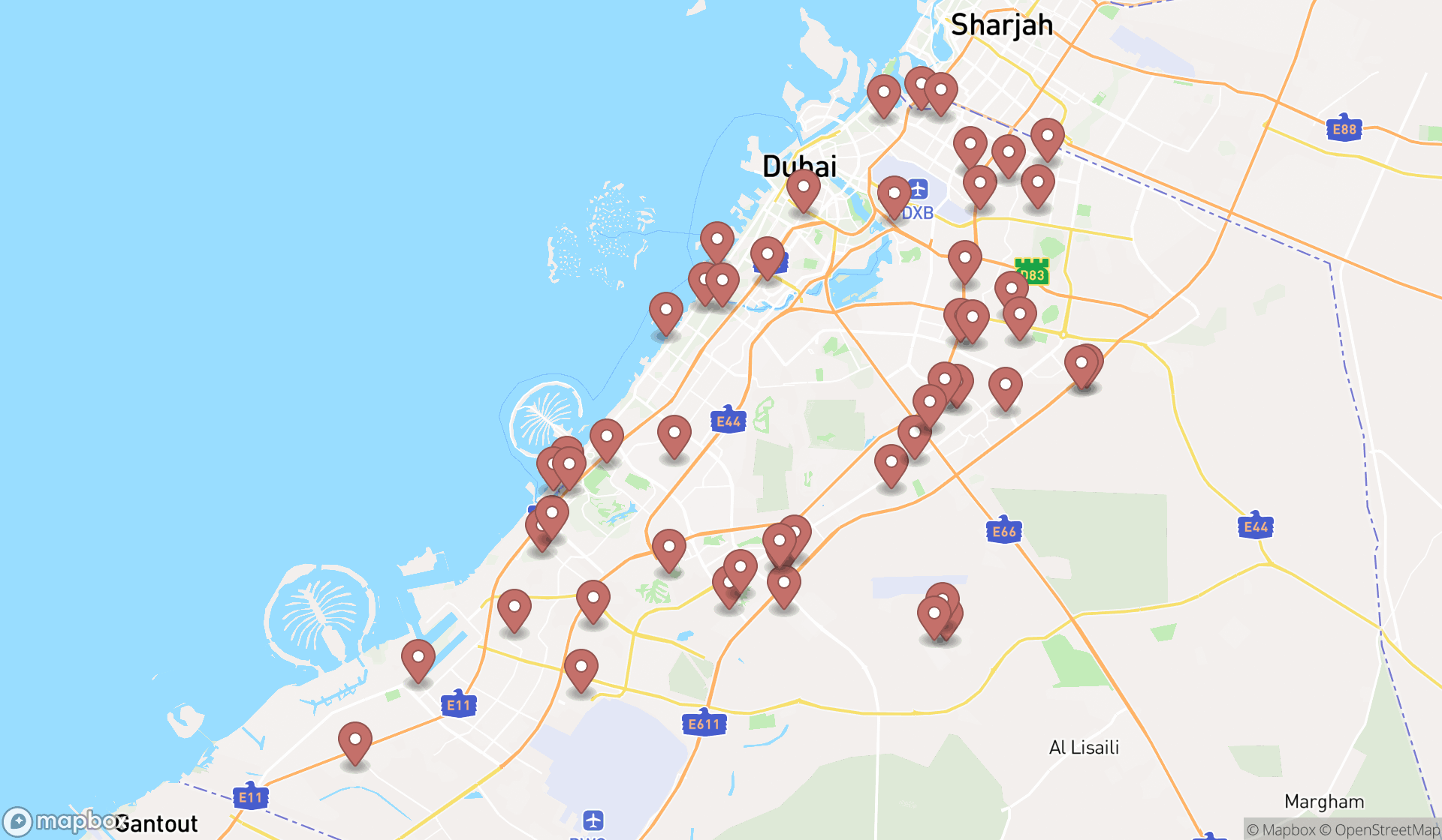 Map showing the search results in Dubai