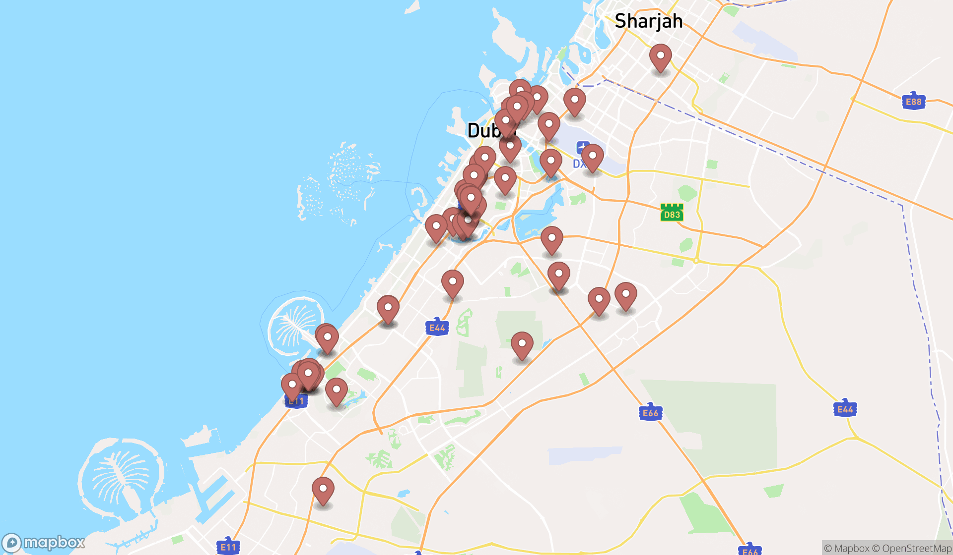 Map showing the search results in Dubai