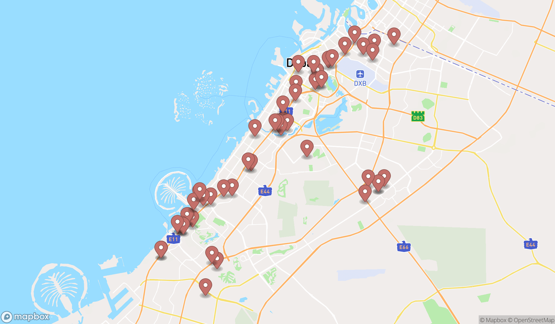 Map showing the search results in Dubai