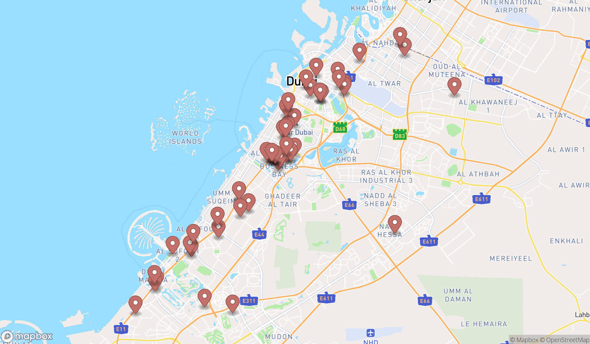 Map showing the search results in Dubai