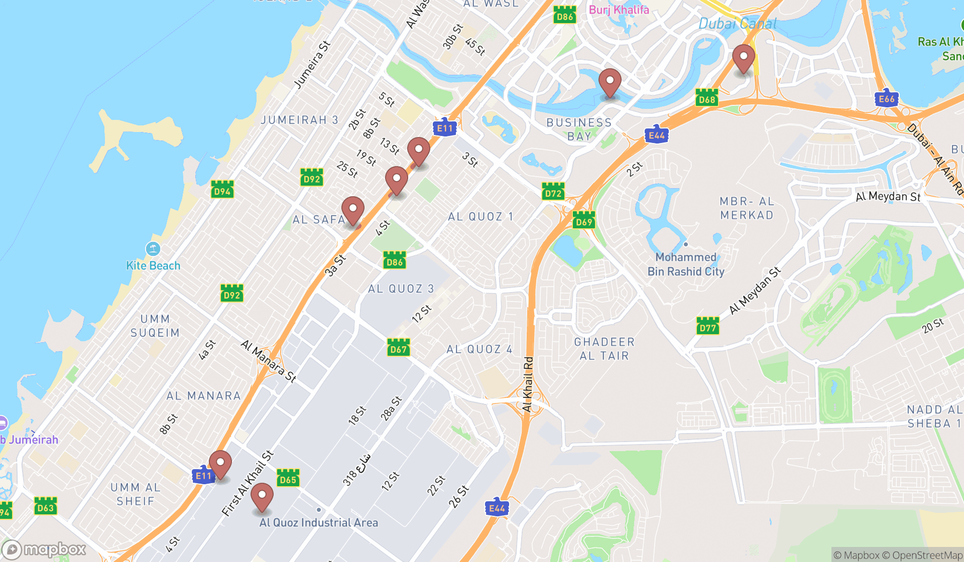 Map showing the search results in Dubai