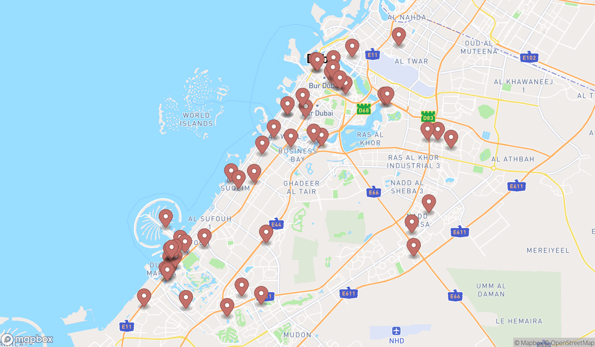 Map showing the search results in Dubai