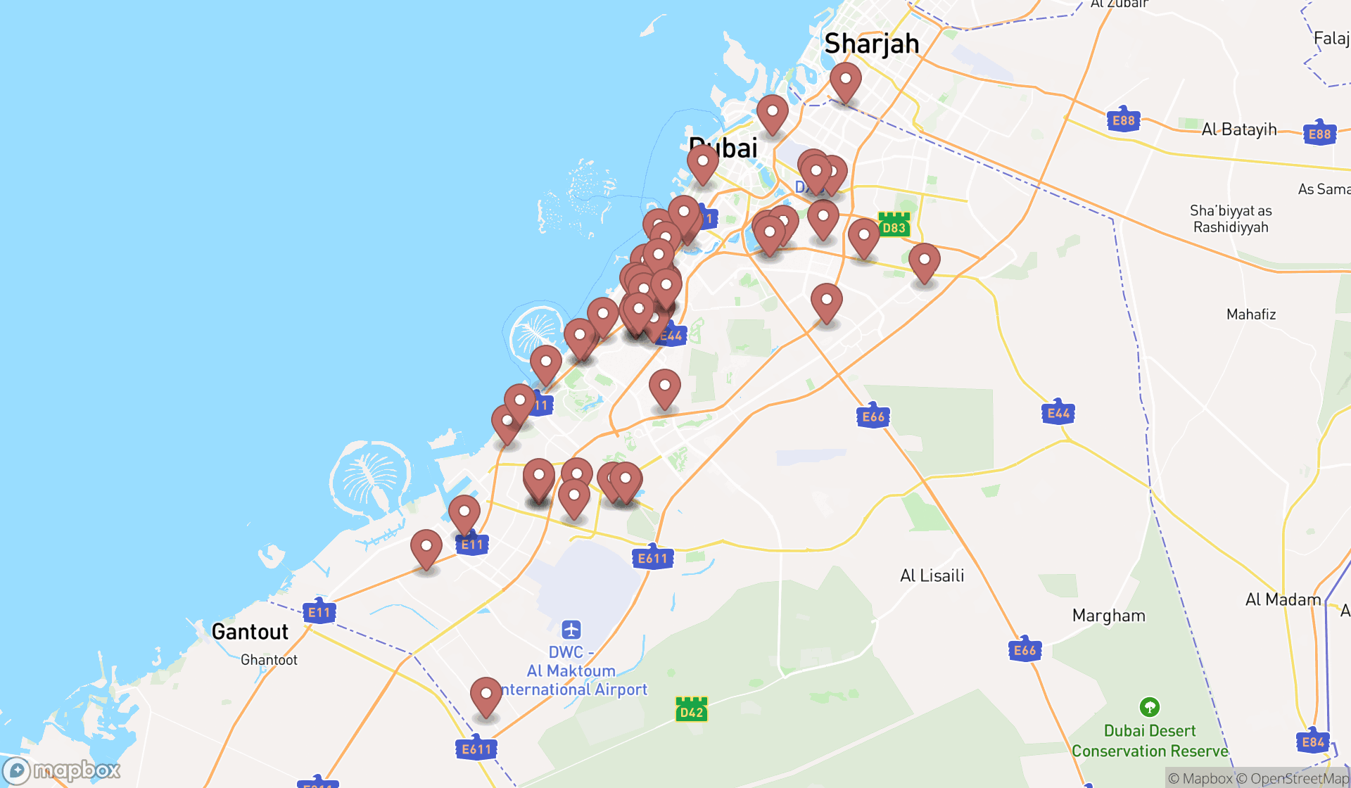 Map showing the search results in Dubai