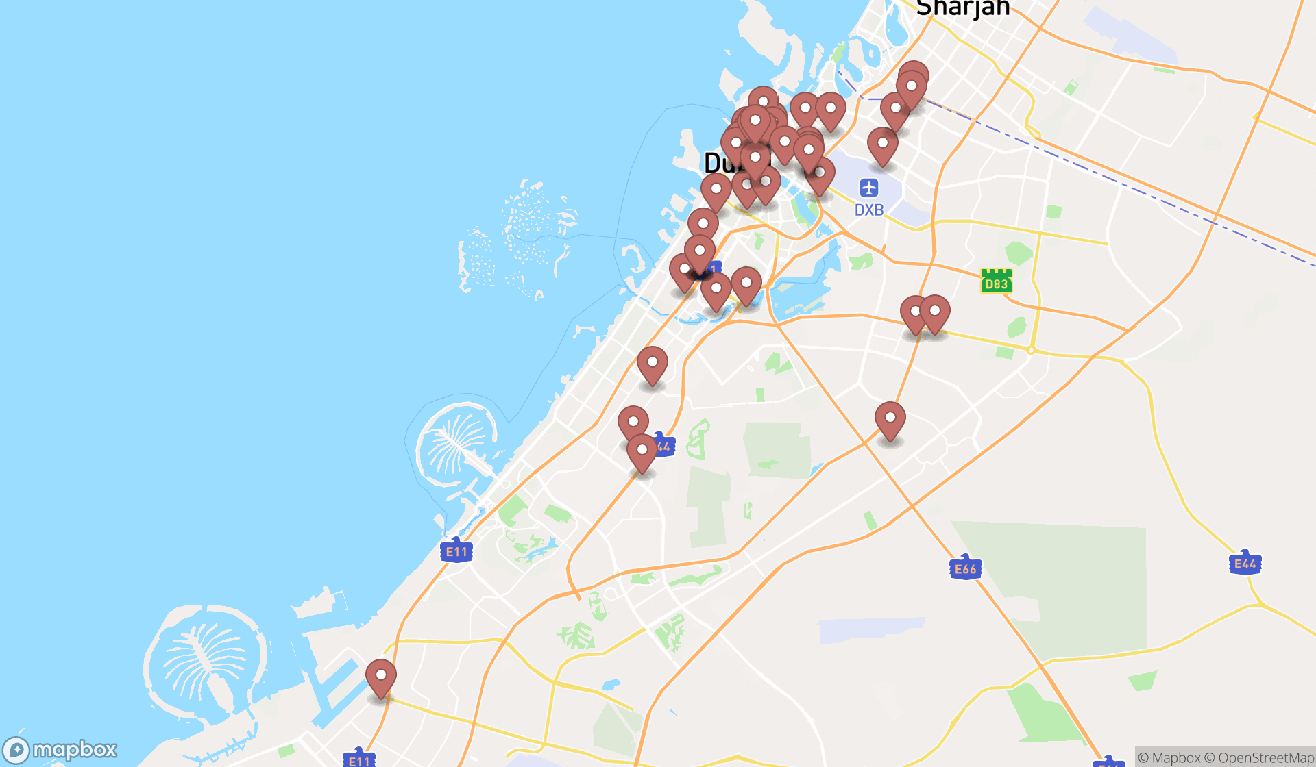 Map showing the search results in Dubai