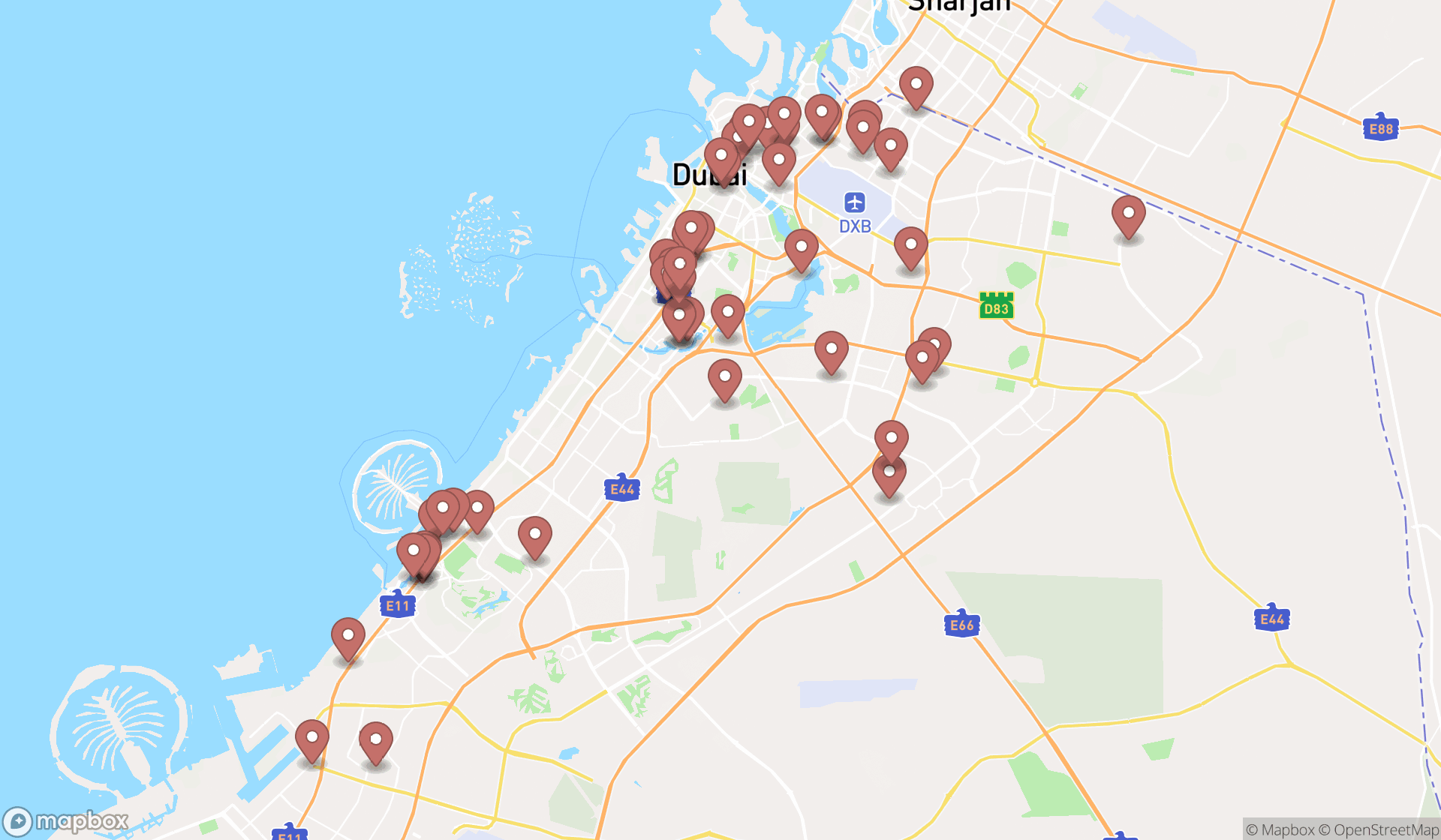 Map showing the search results in Dubai