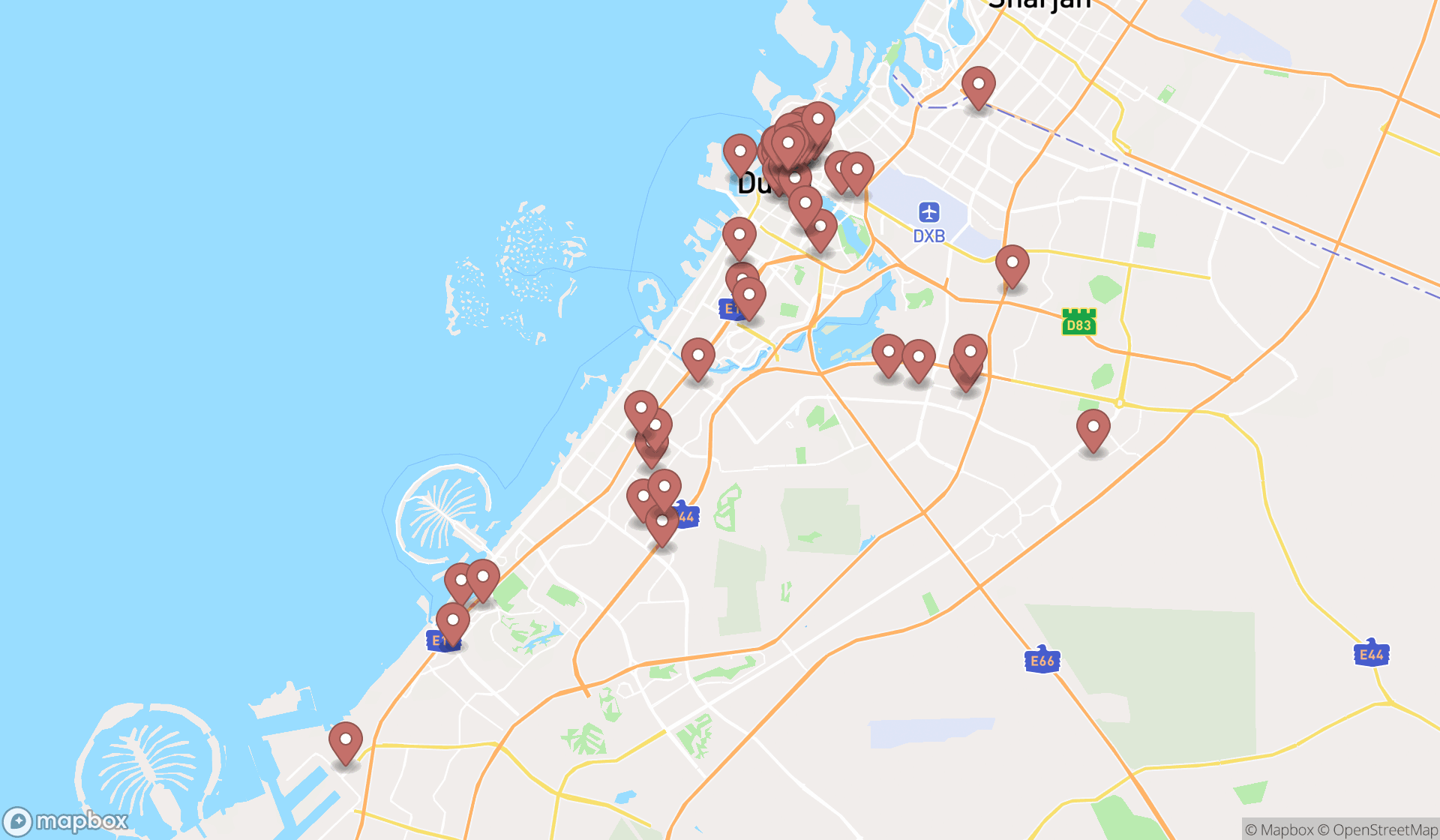 Map showing the search results in Dubai