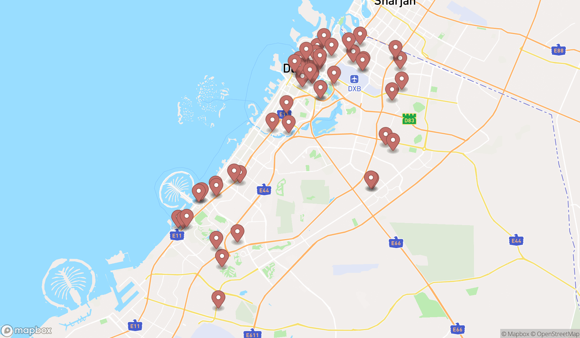 Map showing the search results in Dubai