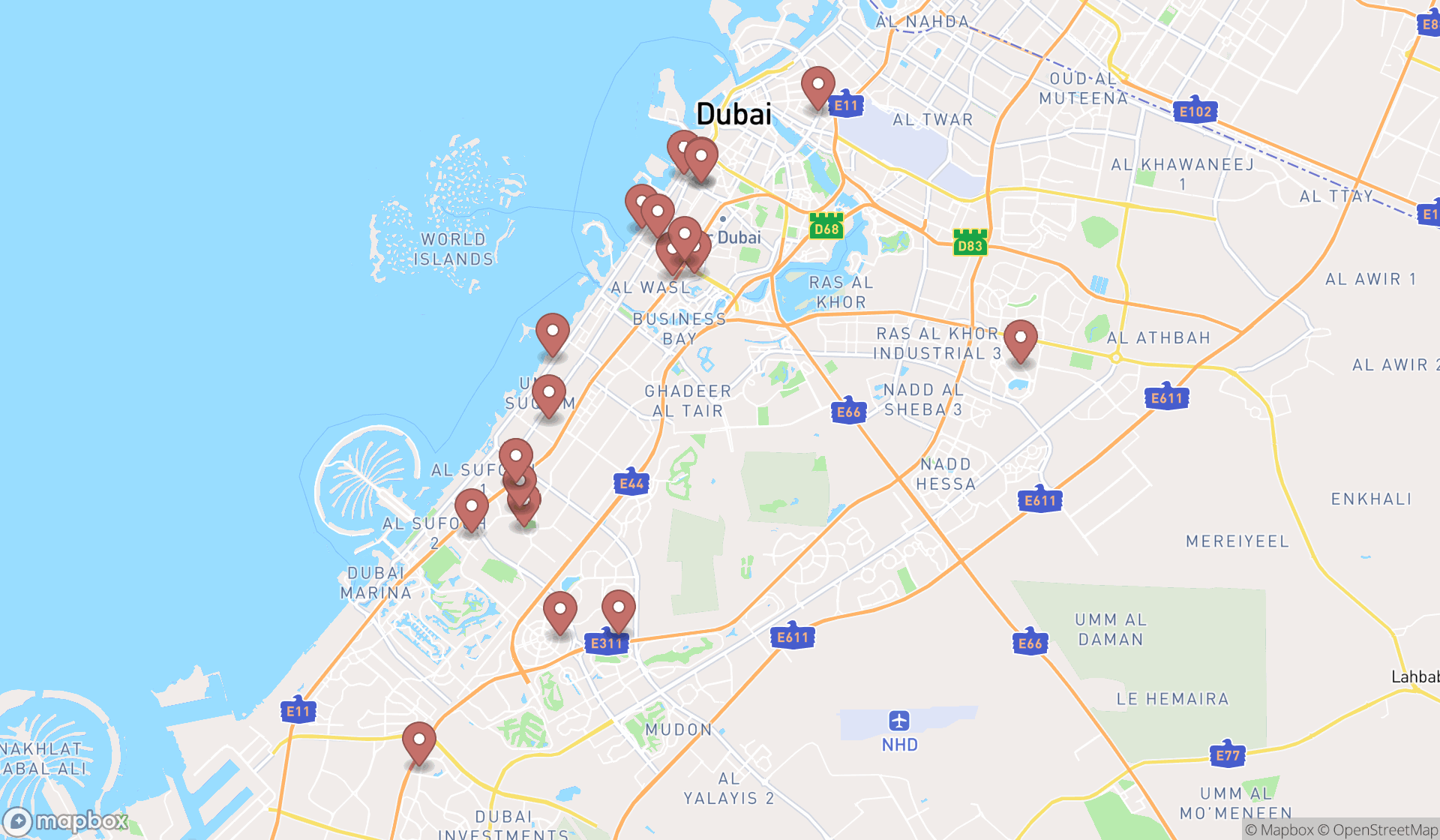 Map showing the search results in Dubai