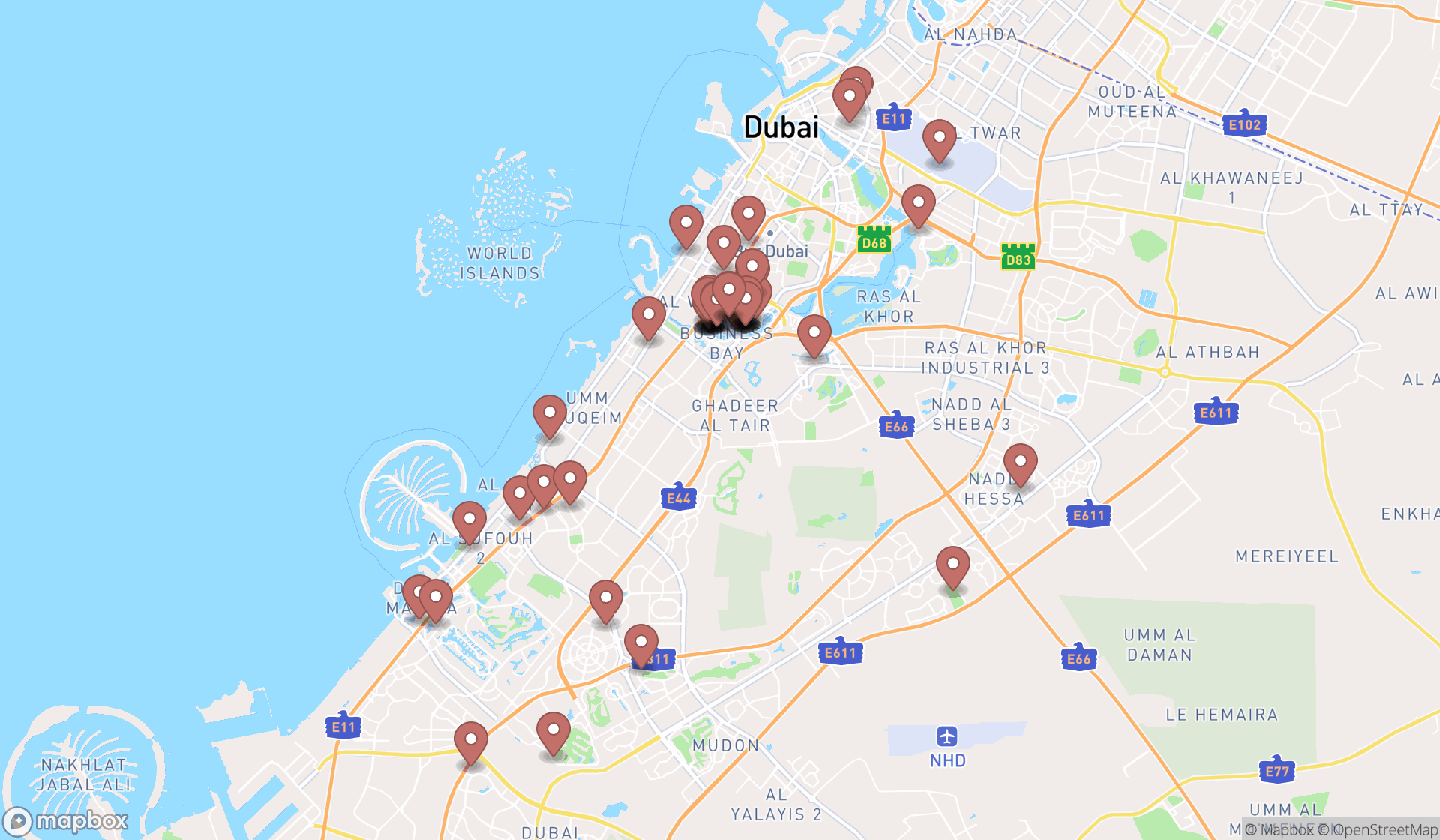 Map showing the search results in Dubai