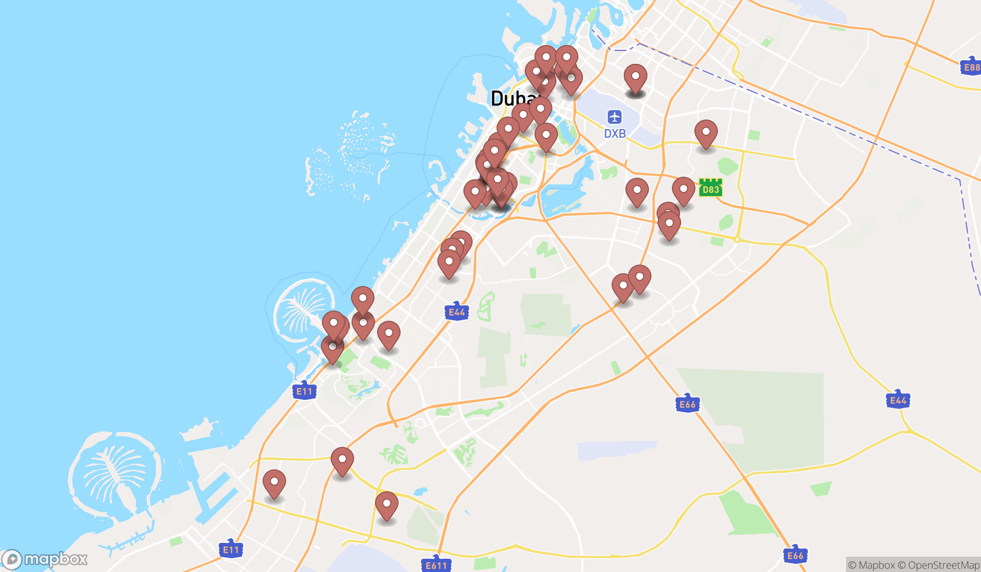 Map showing the search results in Dubai