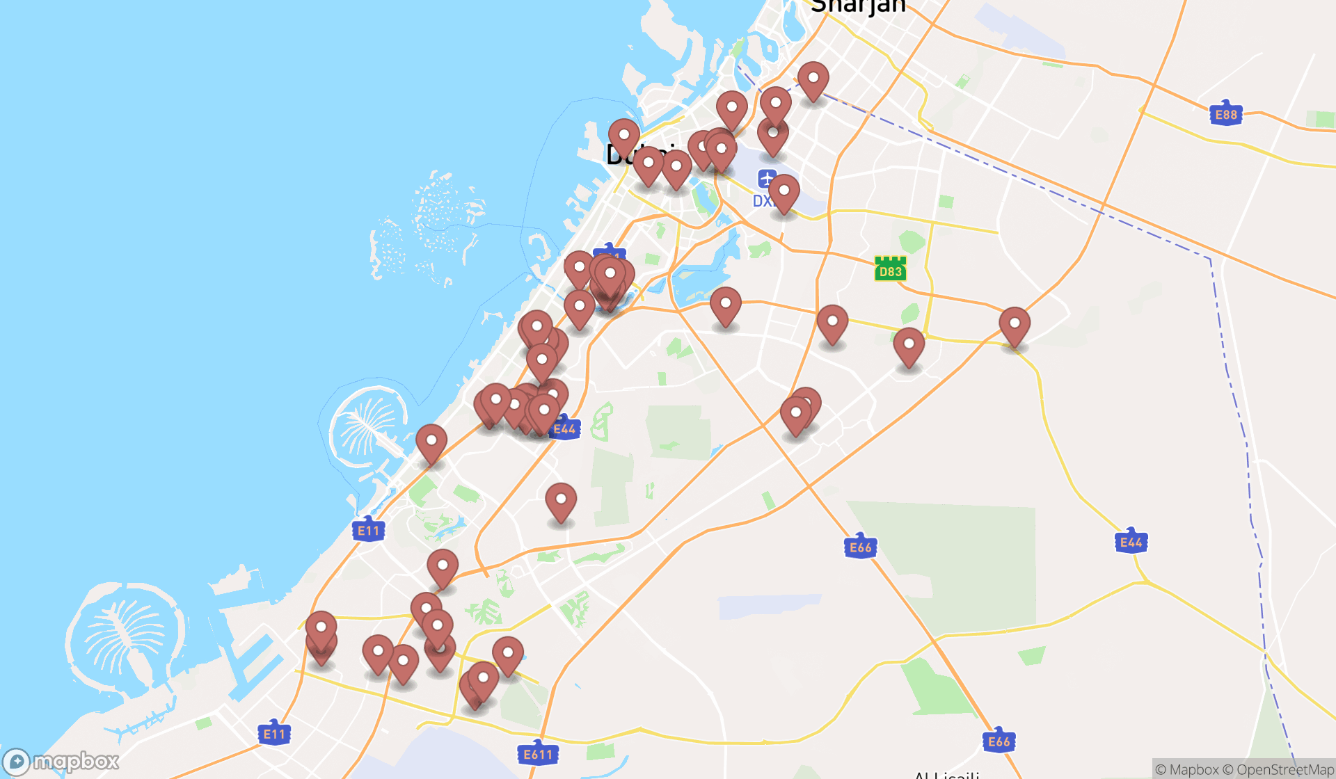 Map showing the search results in Dubai