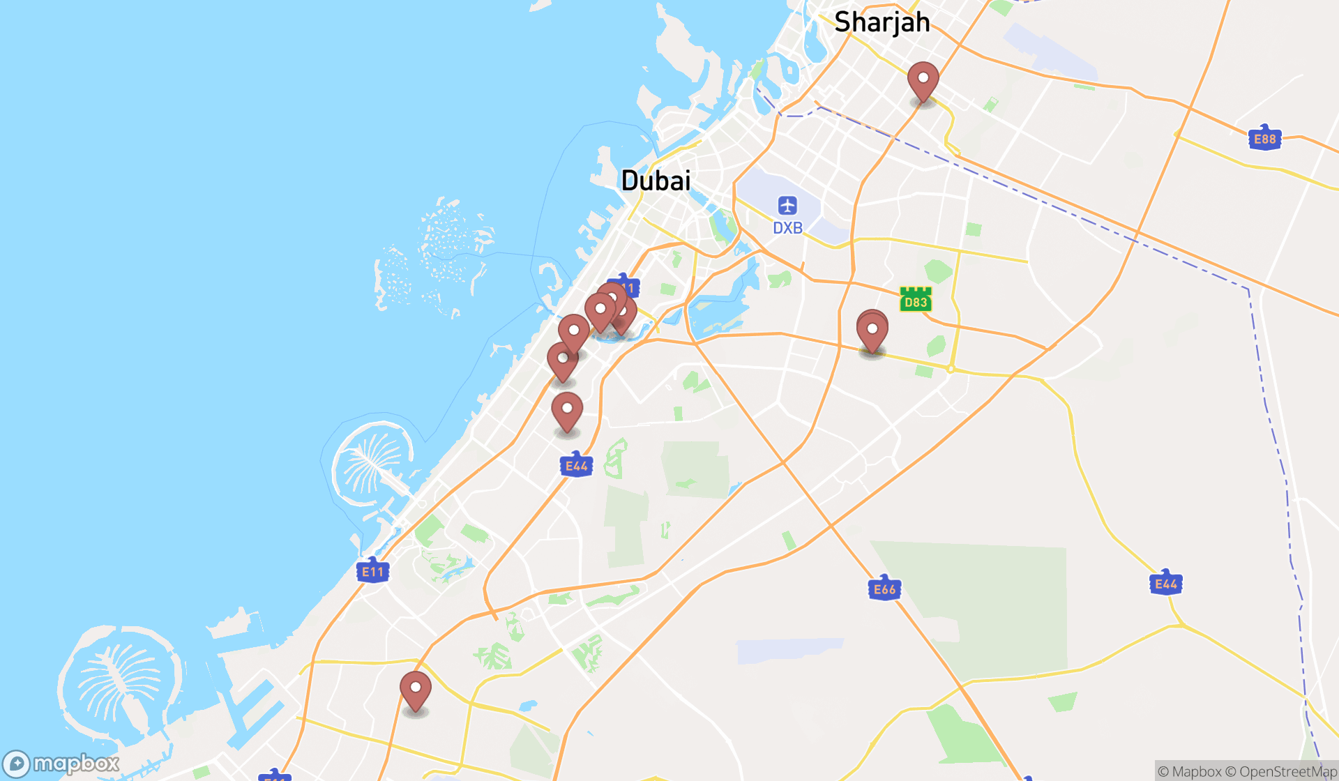 Map showing the search results in Dubai