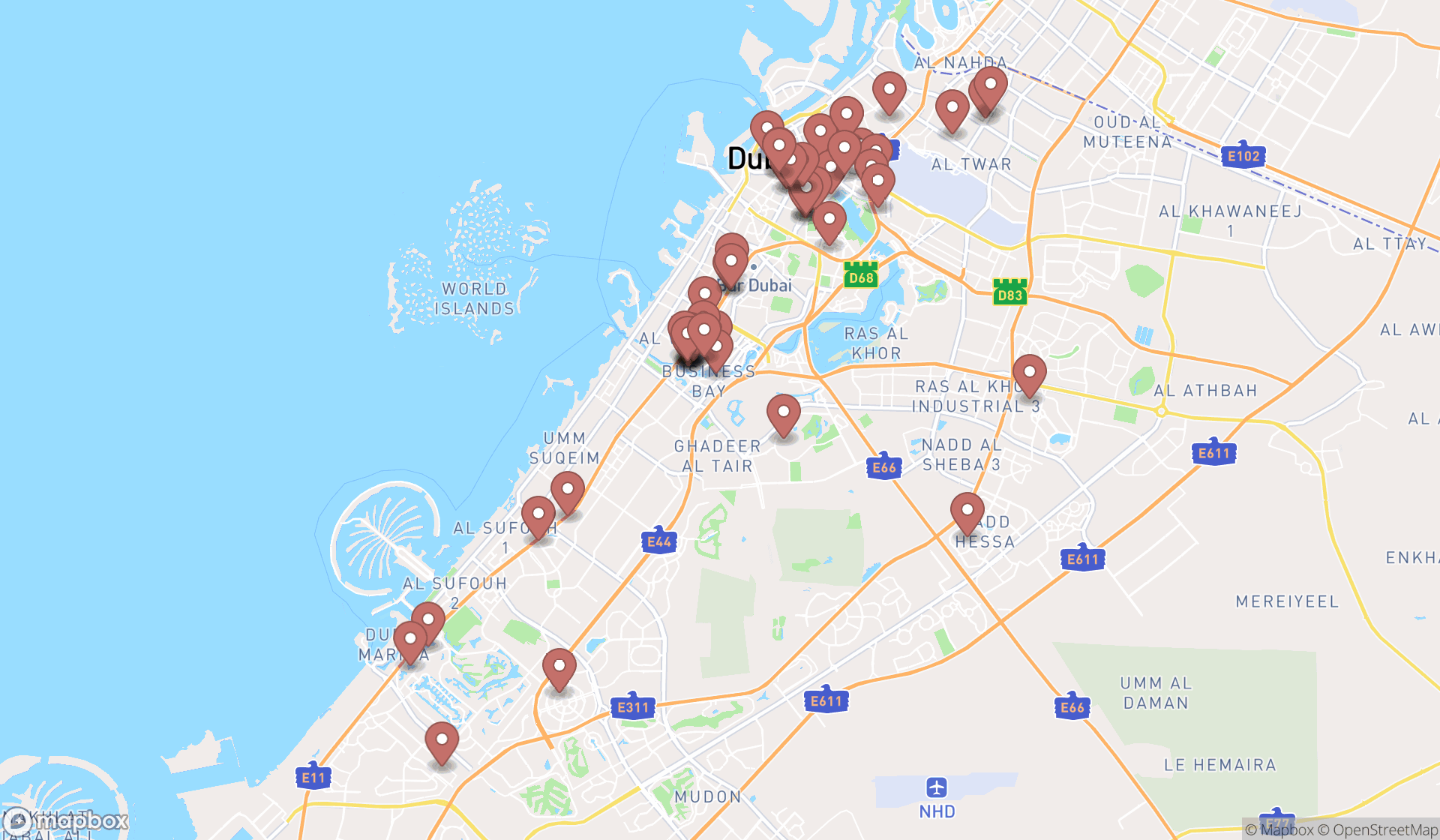 Map showing the search results in Dubai