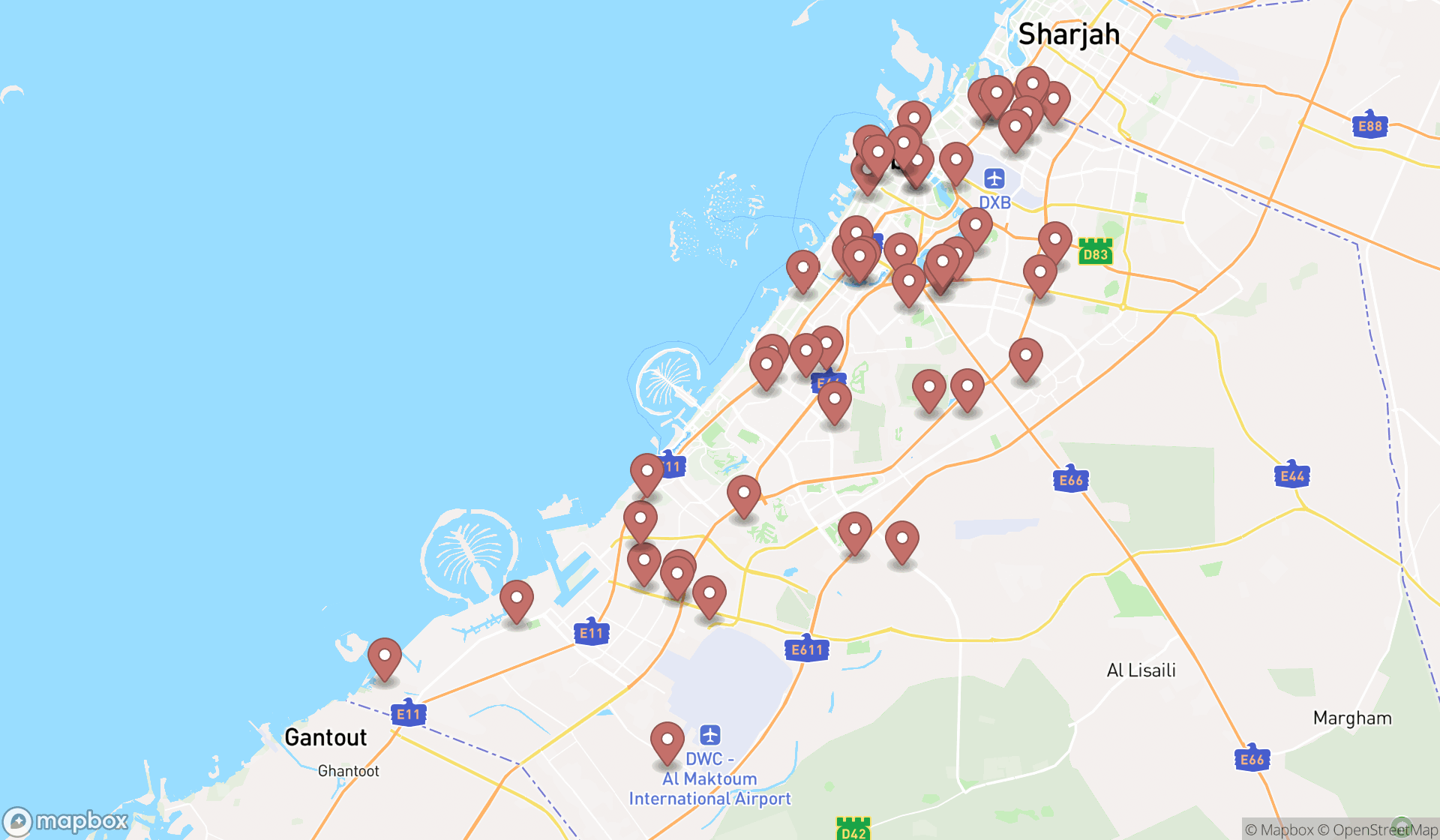 Map showing the search results in Dubai