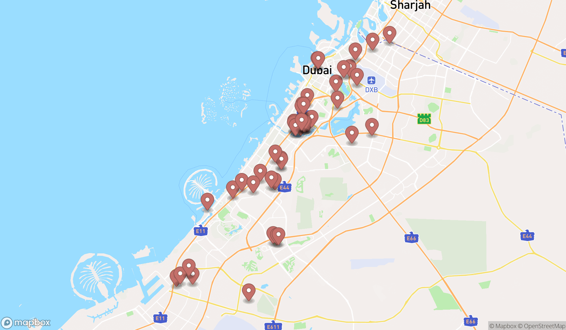 Map showing the search results in Dubai