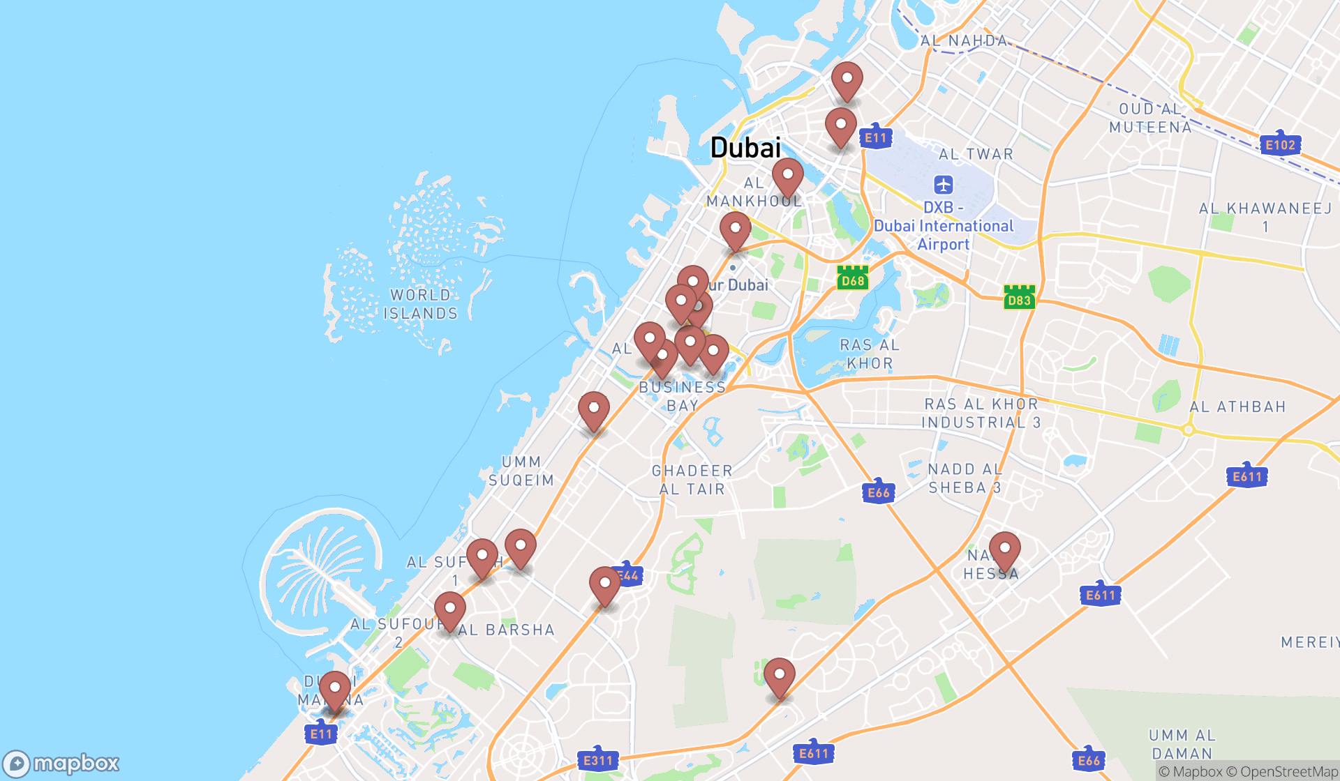 Map showing the search results in Dubai
