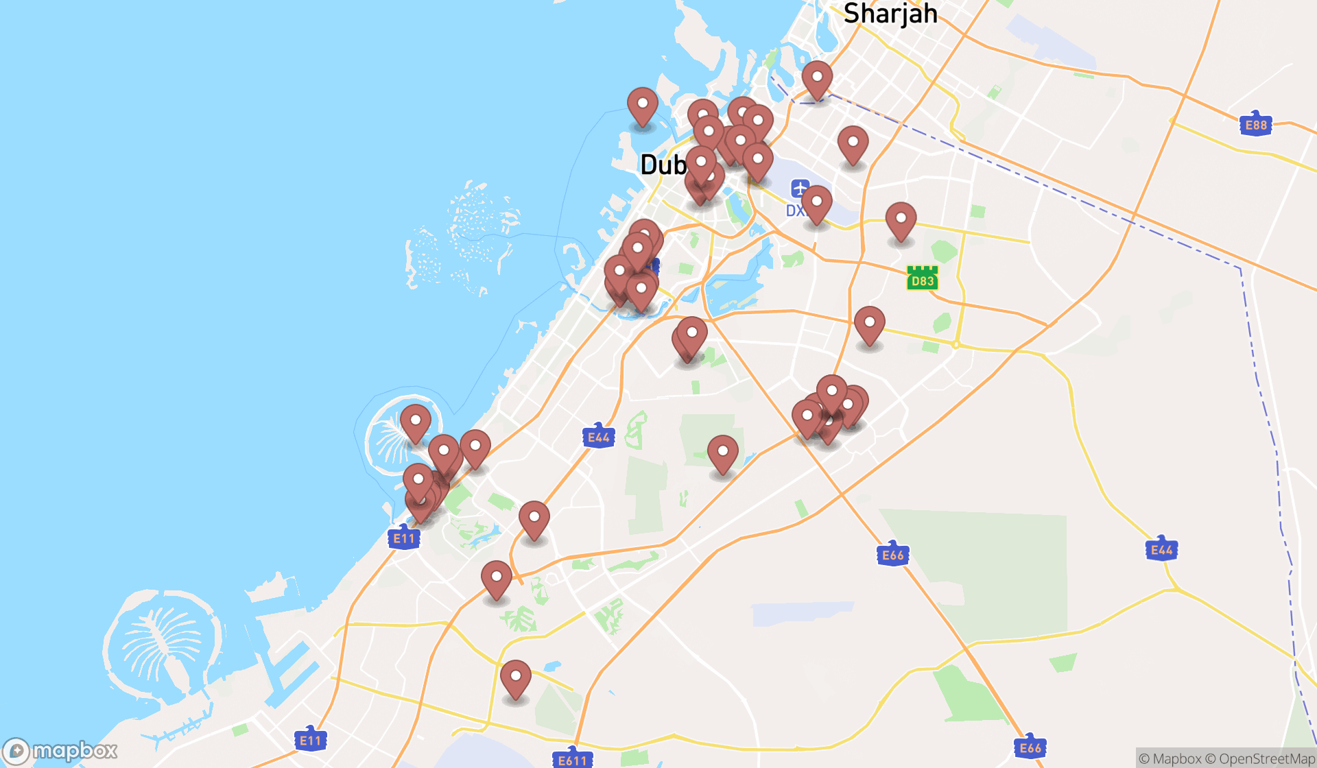 Map showing the search results in Dubai